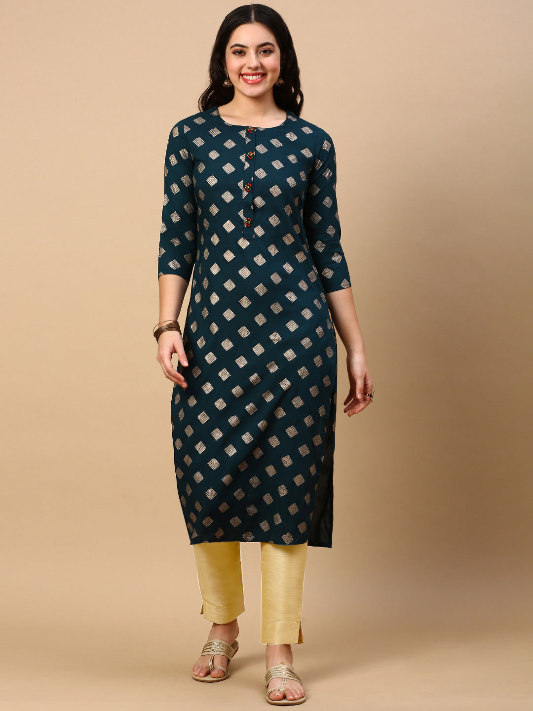 Women Teal Graphic Straight Kurta