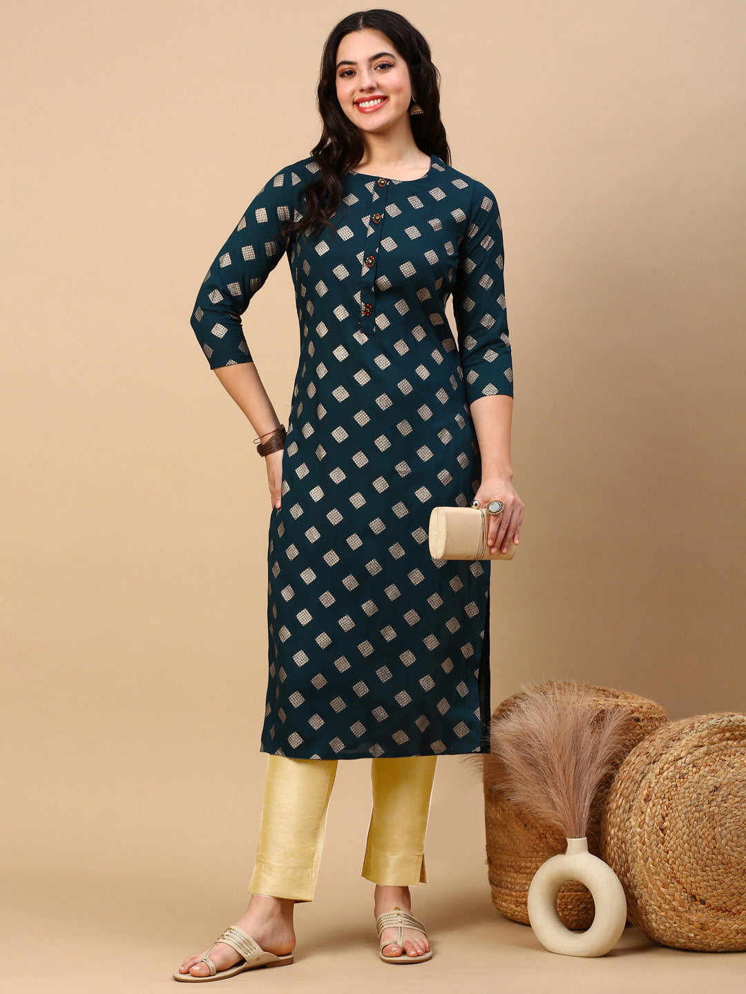 Women Teal Graphic Straight Kurta