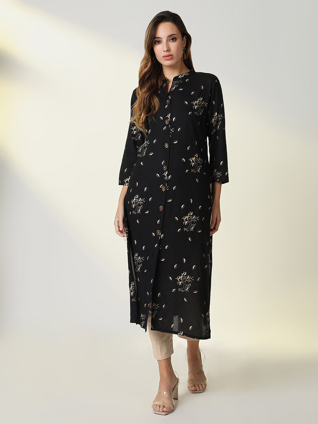 Women Black Floral Straight Kurta