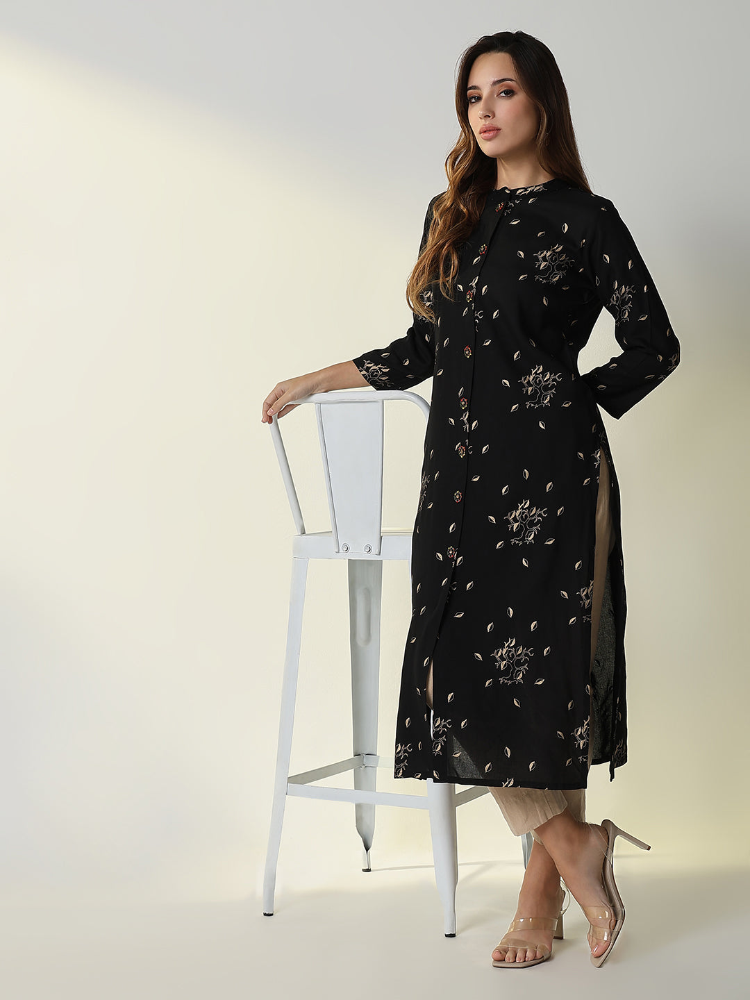 Women Black Floral Straight Kurta