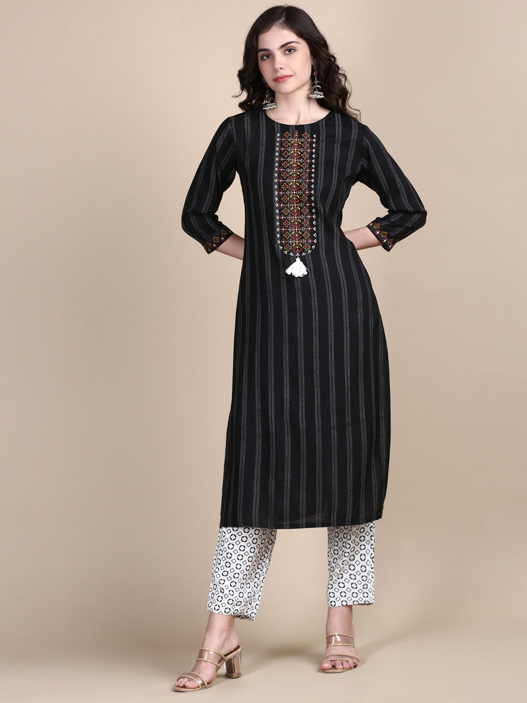 Women Striped Black Straight Kurta Set