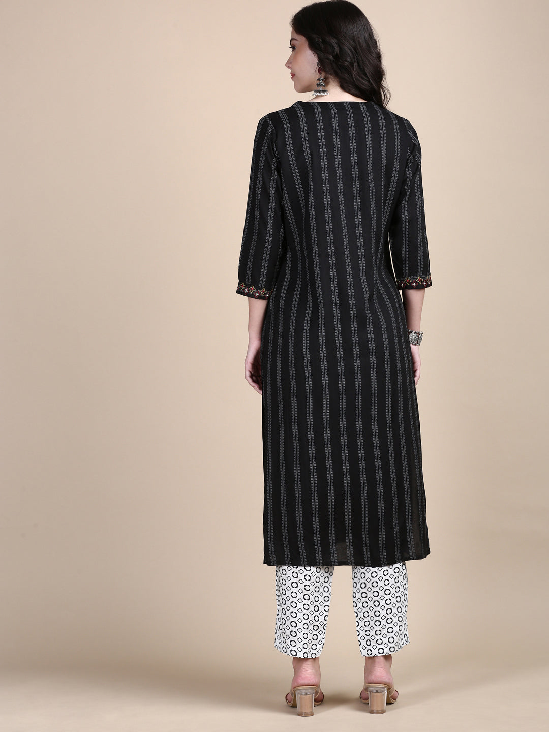 Women Striped Black Straight Kurta Set