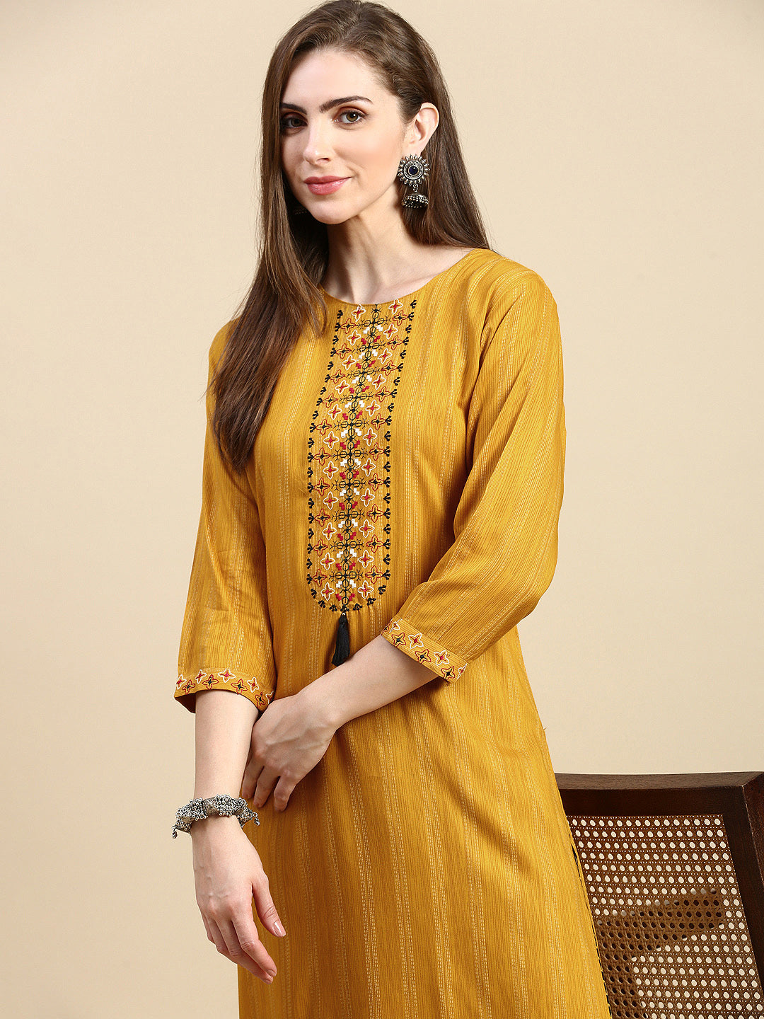 Women Striped Mustard Straight Kurta Set