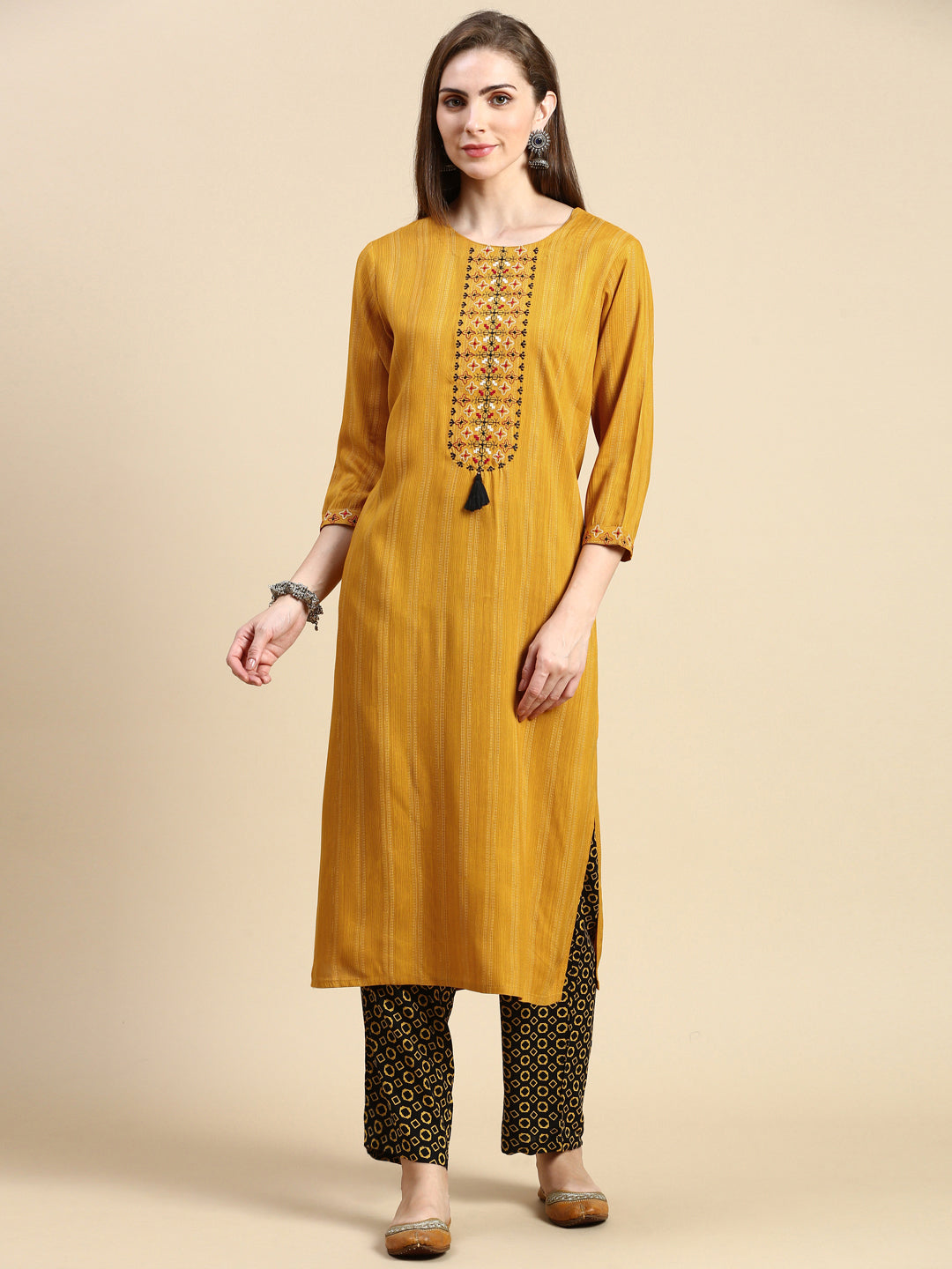 Women Striped Mustard Straight Kurta Set