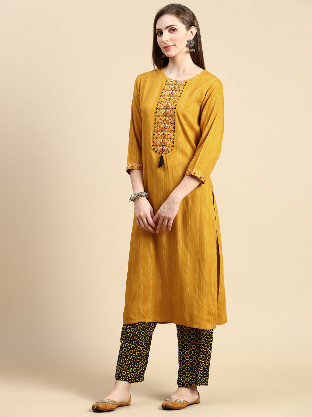 Women Striped Mustard Straight Kurta Set