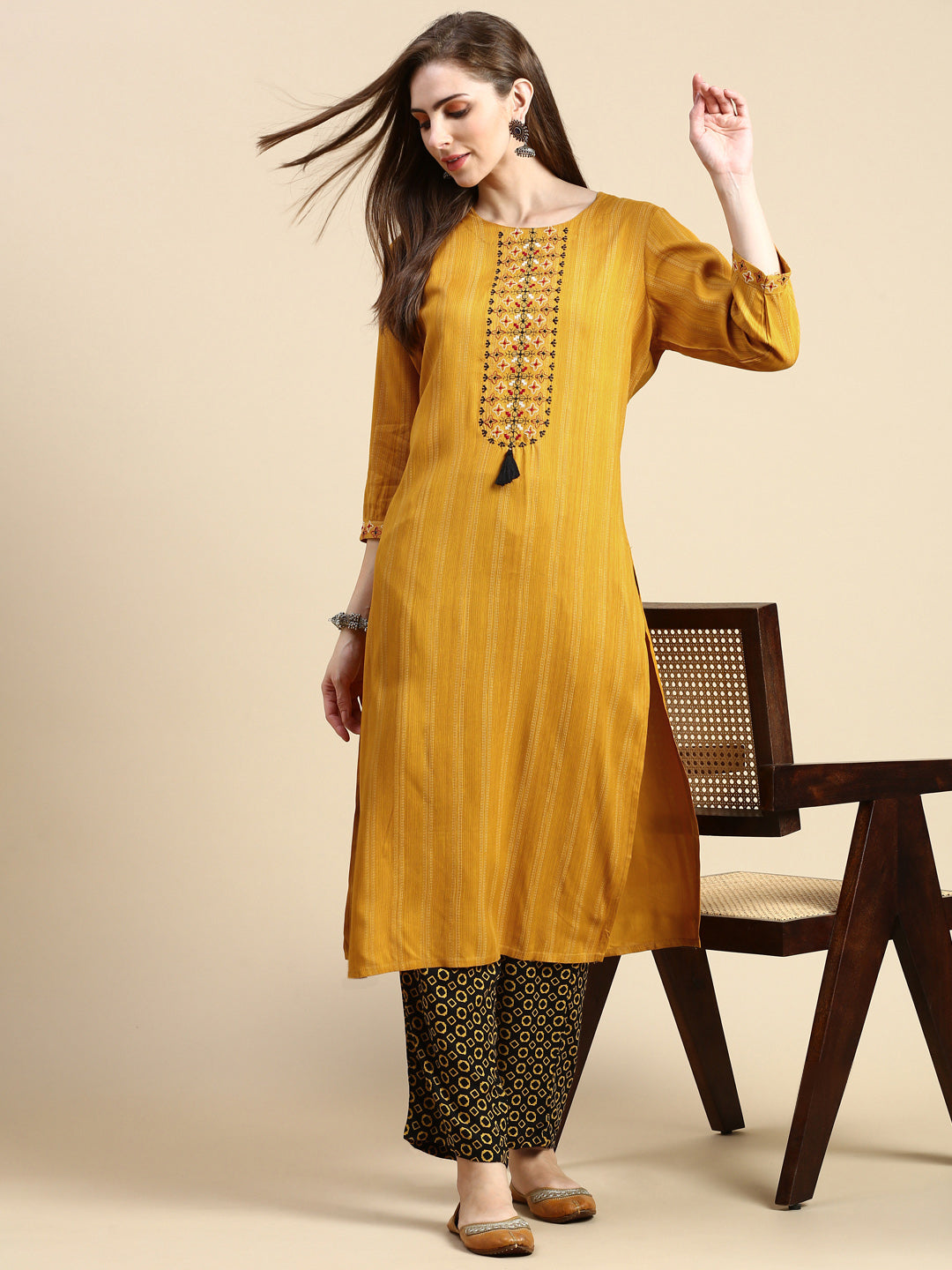 Women Striped Mustard Straight Kurta Set