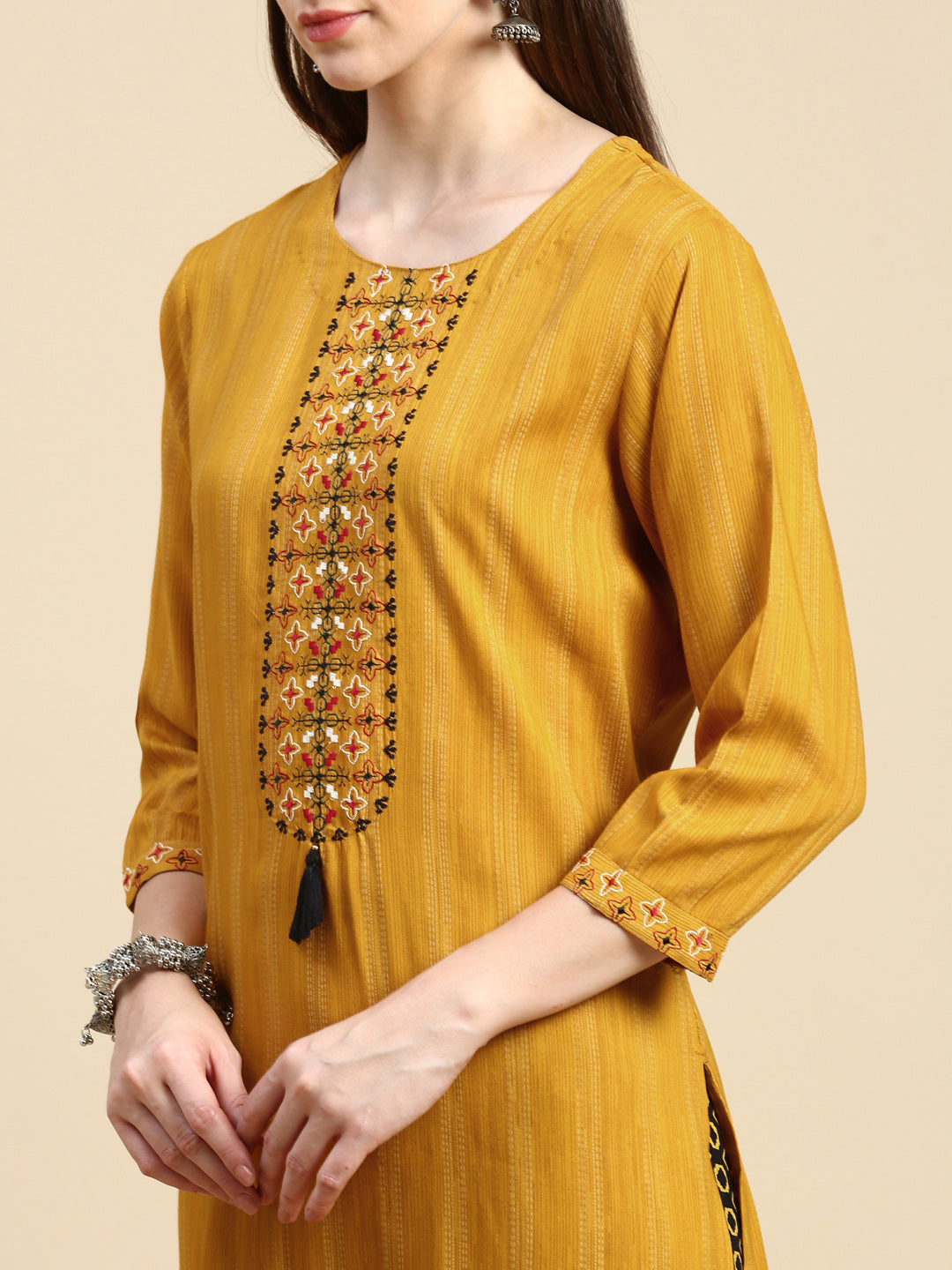 Women Striped Mustard Straight Kurta Set