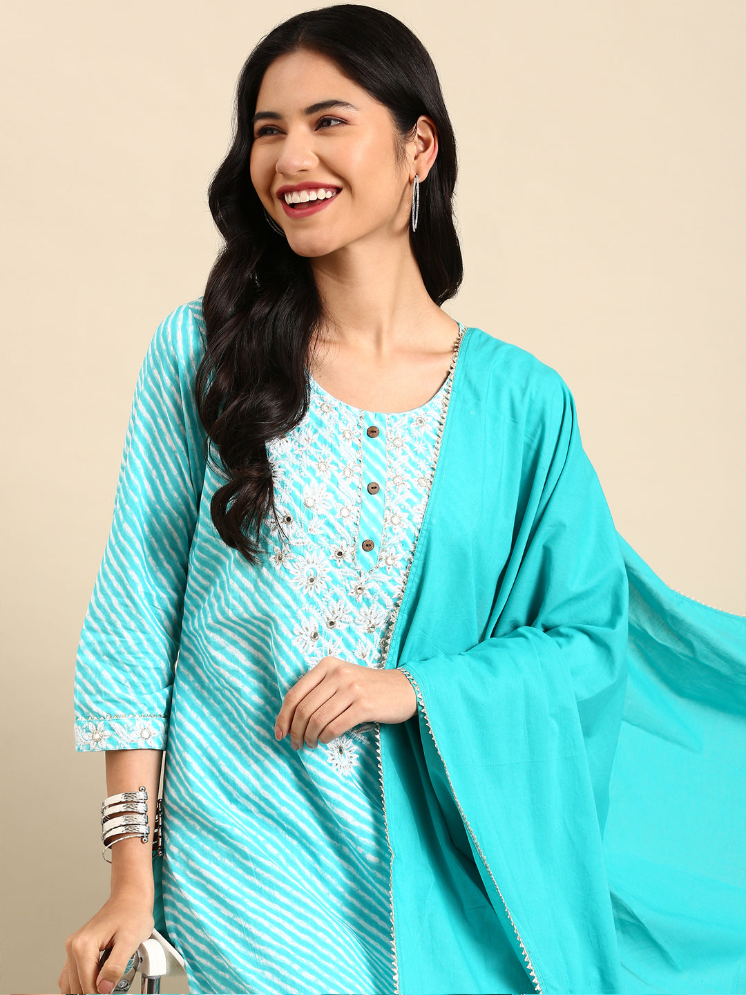 Women Solid Blue Straight Kurta Set with Dupatta