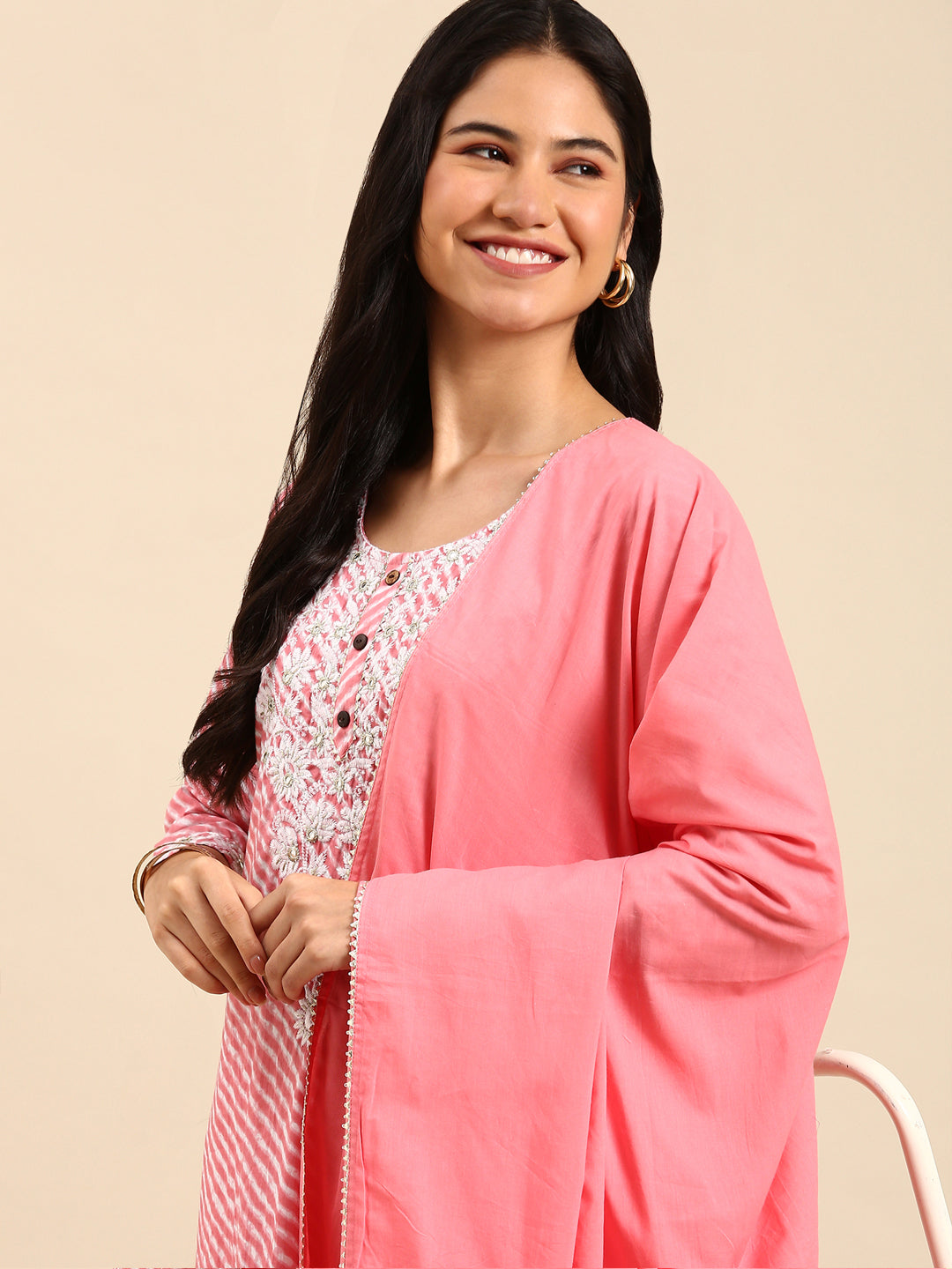 Women Solid Pink Straight Kurta Set with Dupatta