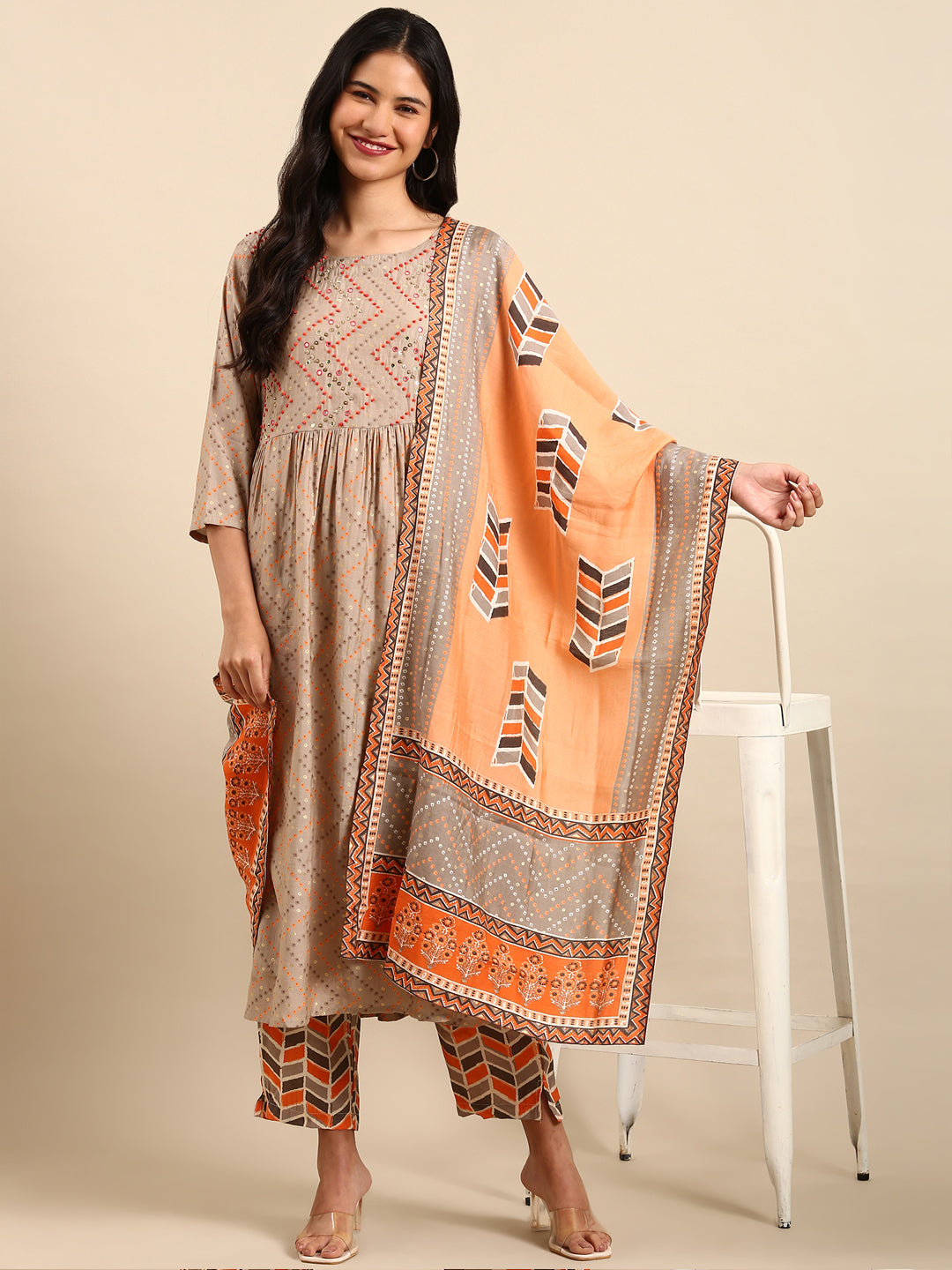 Women Bandhani Beige Anarkali Kurta Set with Dupatta