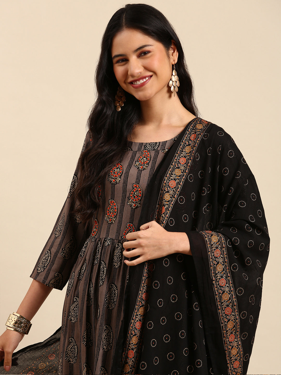 Women Paisley Grey A-Line Kurta Set with Dupatta