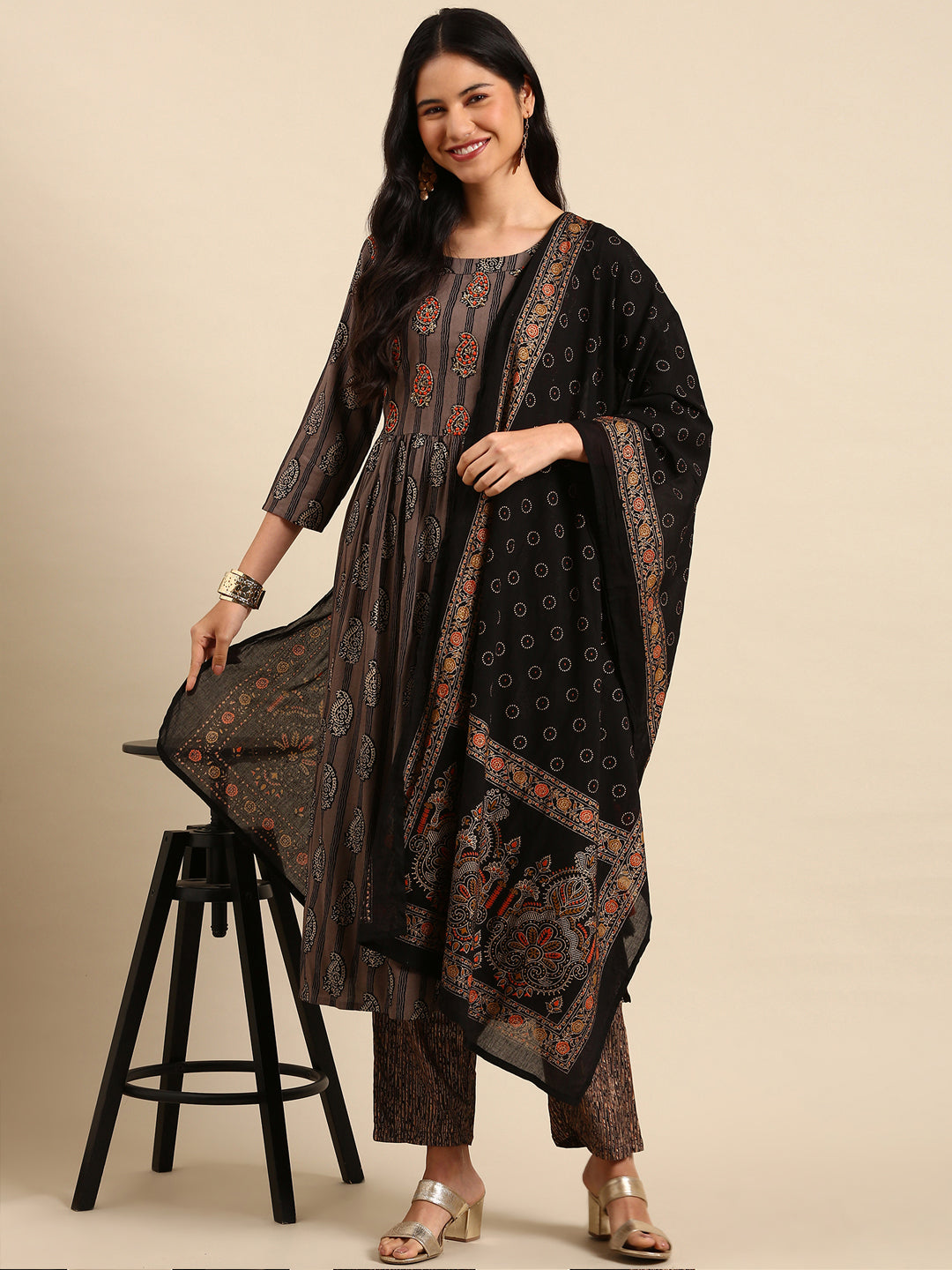 Women Paisley Grey A-Line Kurta Set with Dupatta