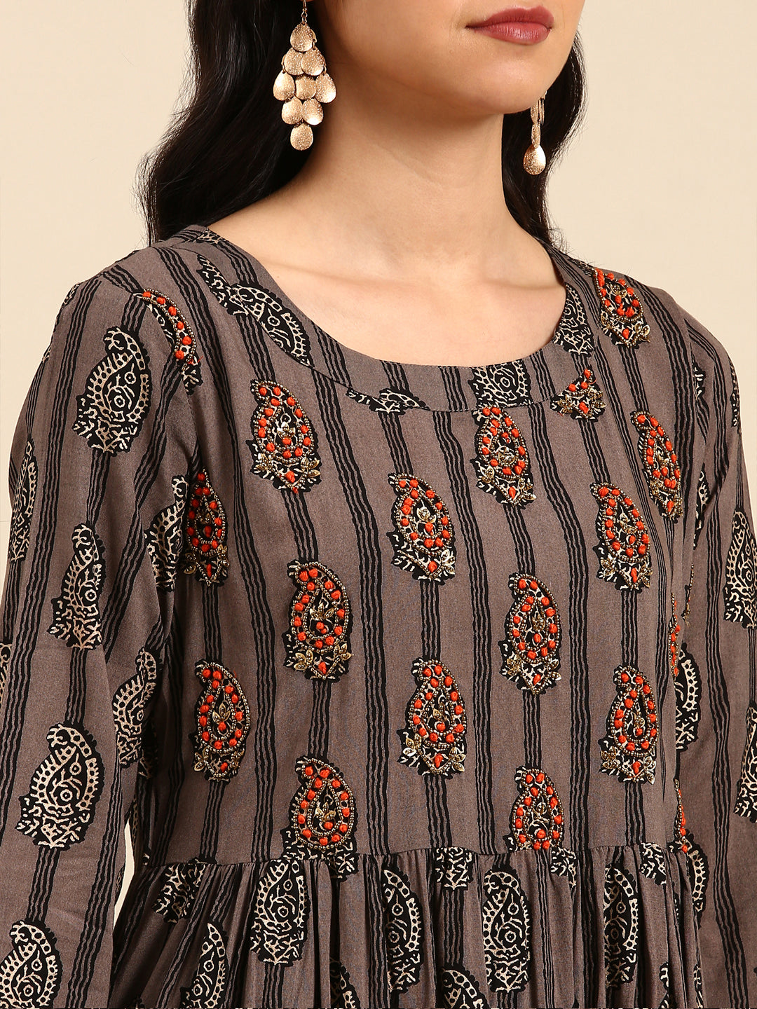 Women Paisley Grey A-Line Kurta Set with Dupatta