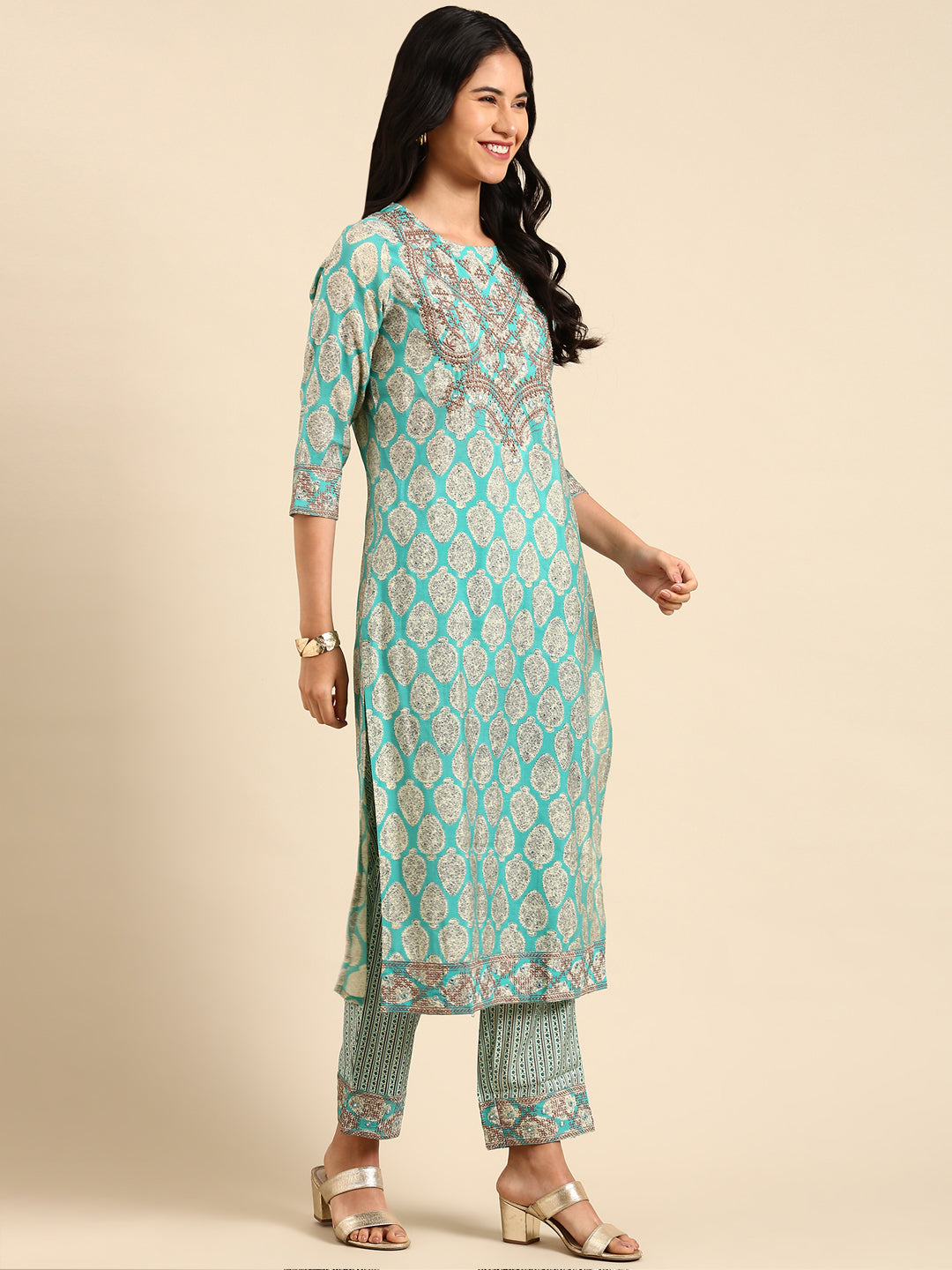 Women Graphic Blue Straight Kurta Set with Dupatta