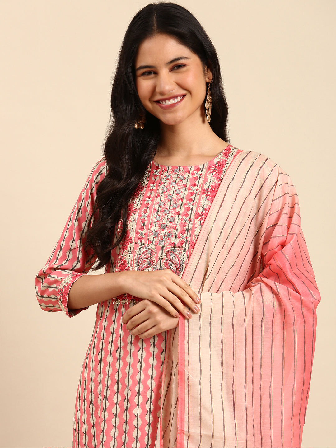 Women Abstract Pink Straight Kurta Set with Dupatta