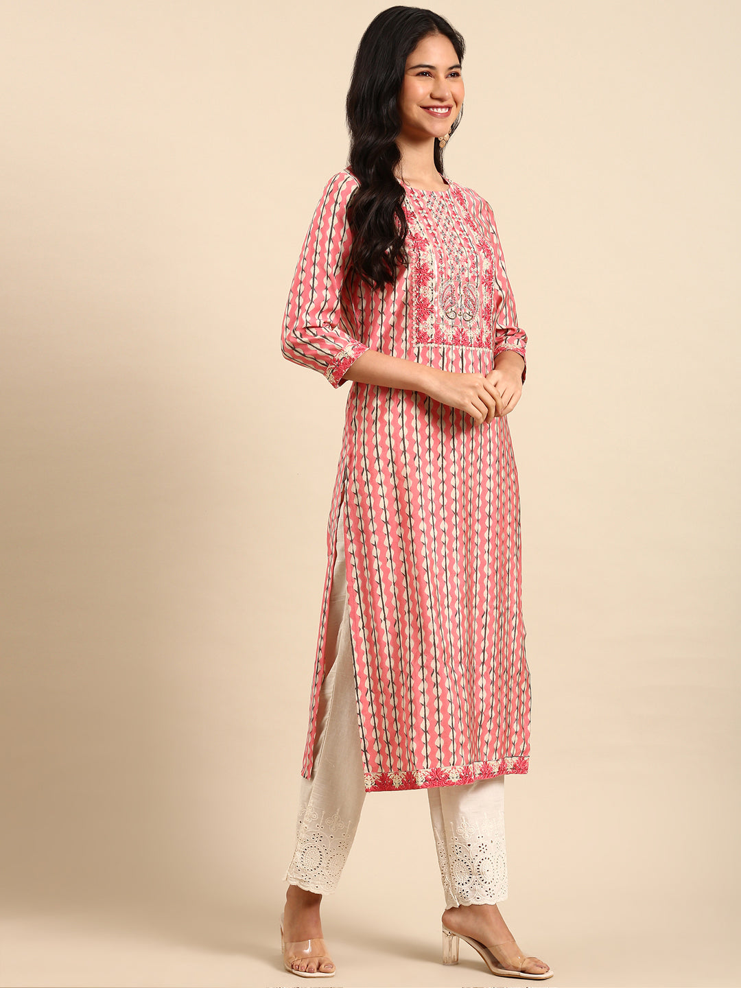 Women Abstract Pink Straight Kurta Set with Dupatta