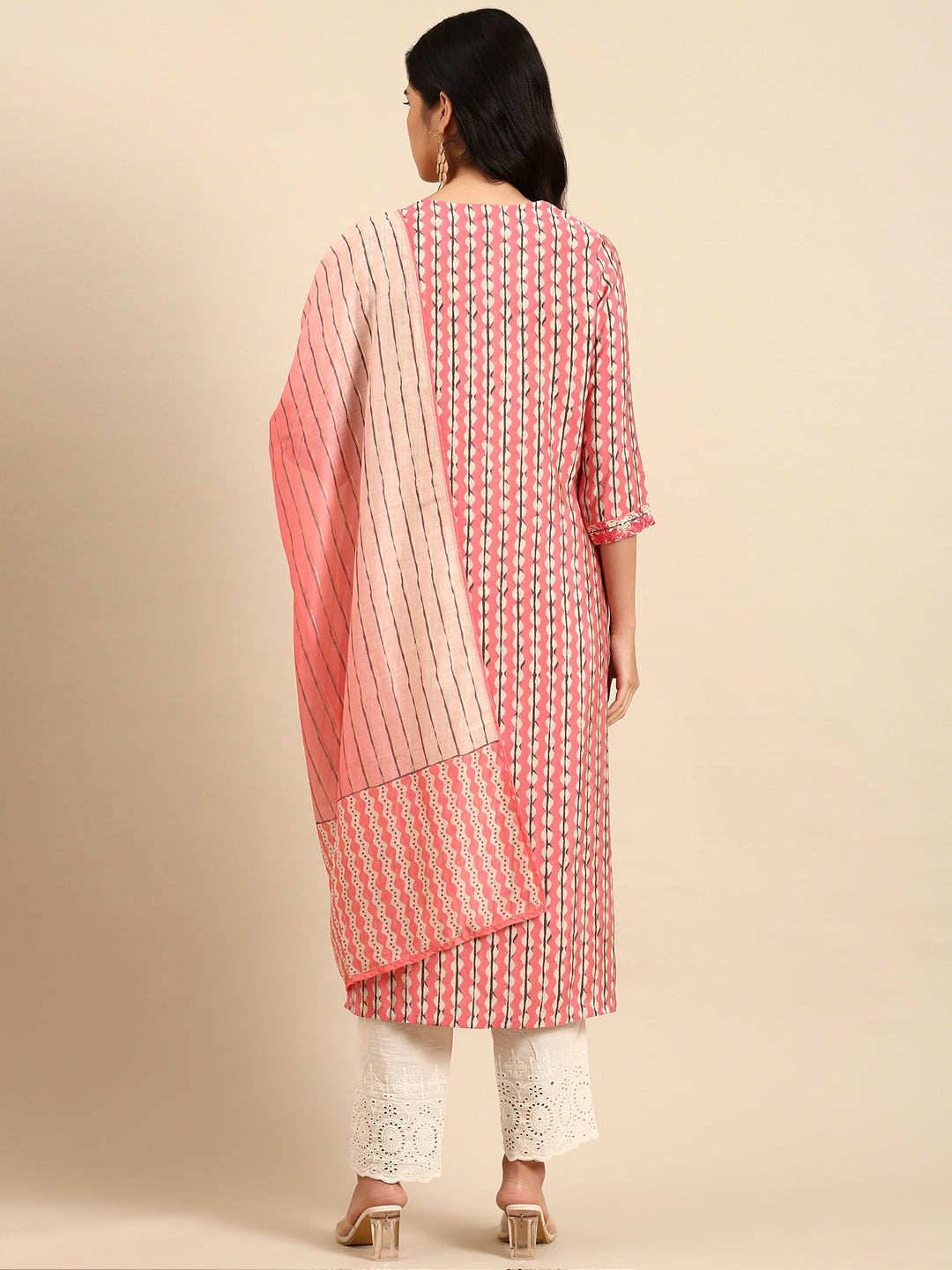 Women Abstract Pink Straight Kurta Set with Dupatta