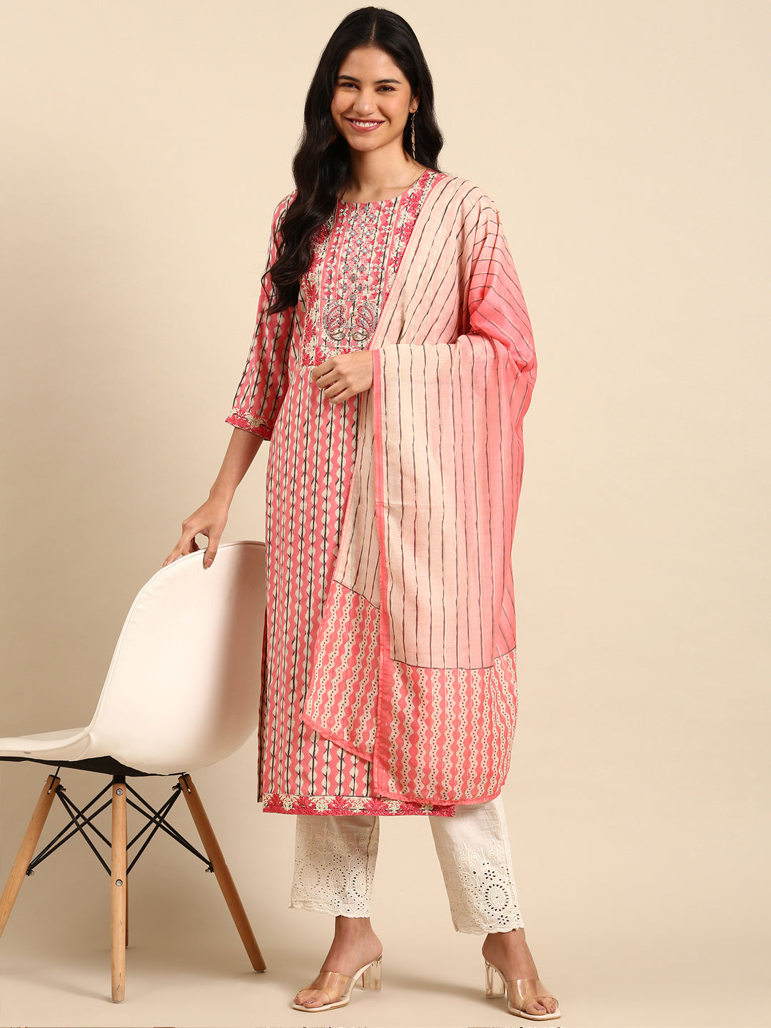 Women Abstract Pink Straight Kurta Set with Dupatta