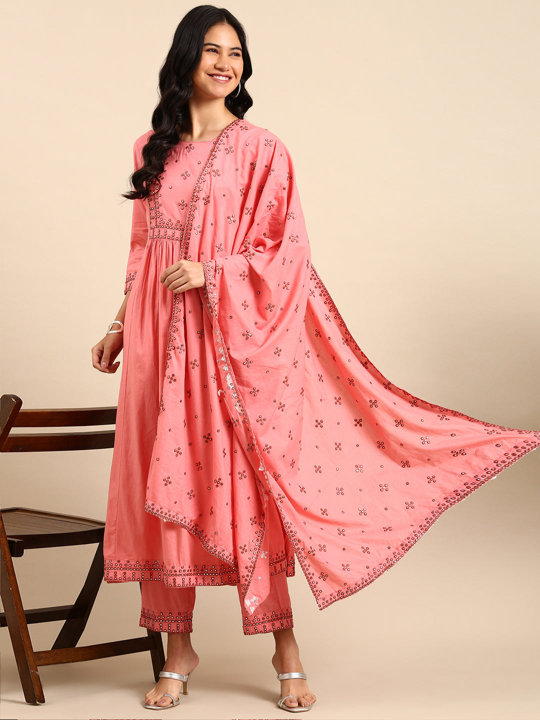 Women Solid Pink A-Line Kurta Set with Dupatta