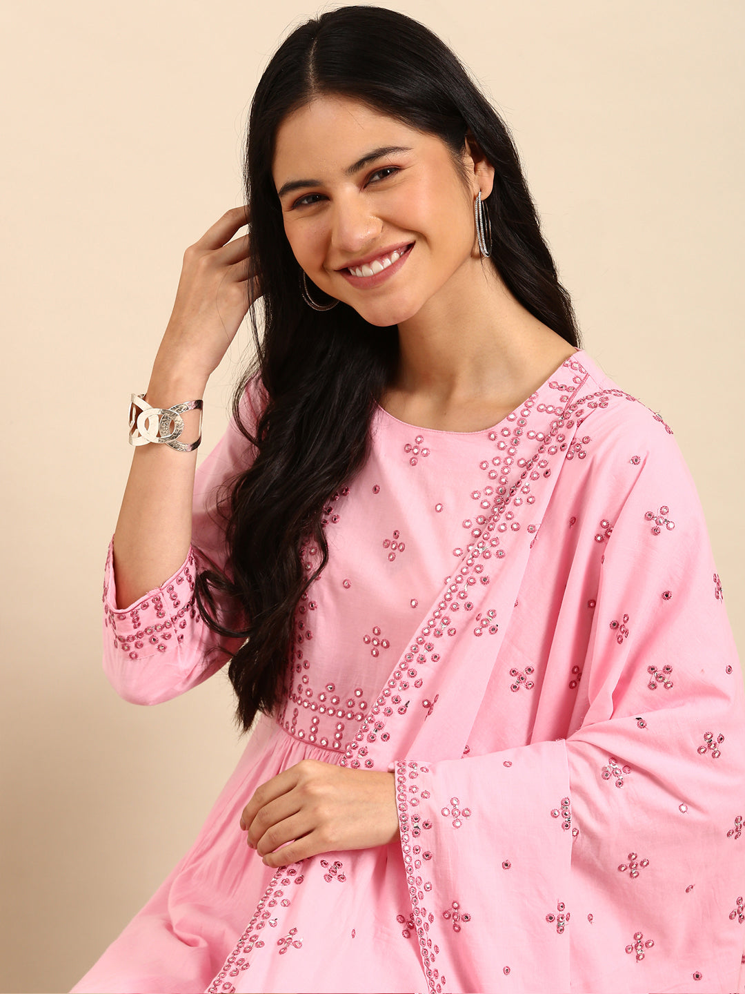 Women Solid Pink A-Line Kurta Set with Dupatta