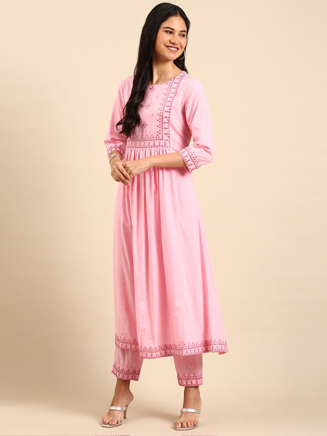 Women Solid Pink A-Line Kurta Set with Dupatta