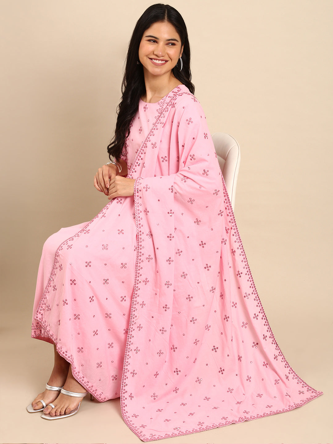 Women Solid Pink A-Line Kurta Set with Dupatta