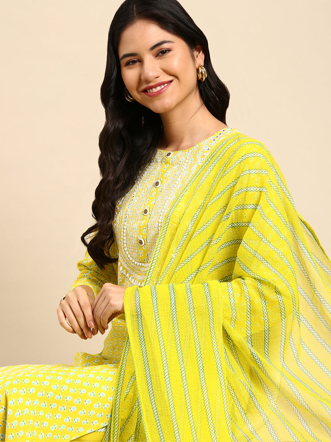 Women Floral Yellow Straight Kurta Set with Dupatta