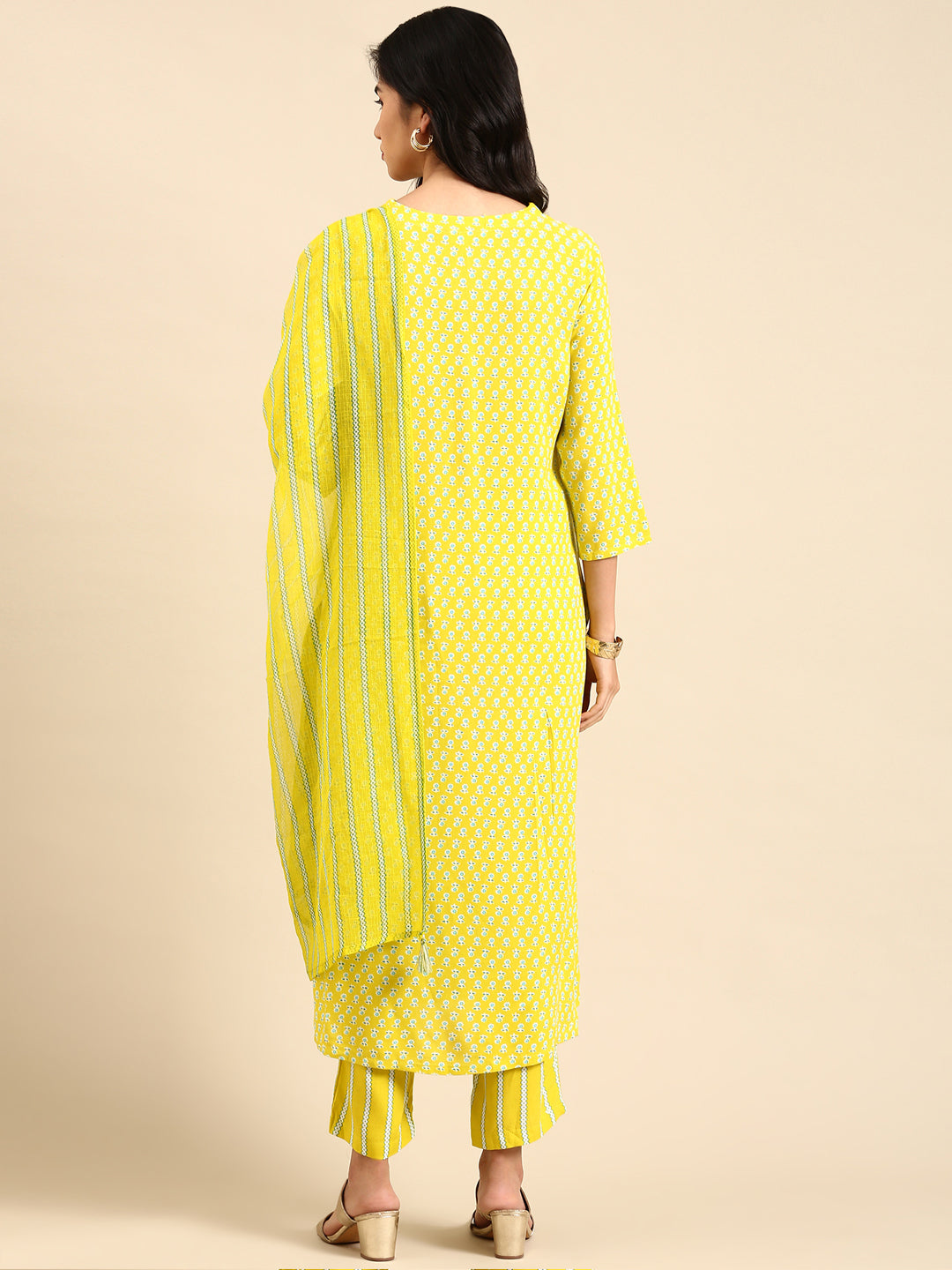 Women Floral Yellow Straight Kurta Set with Dupatta