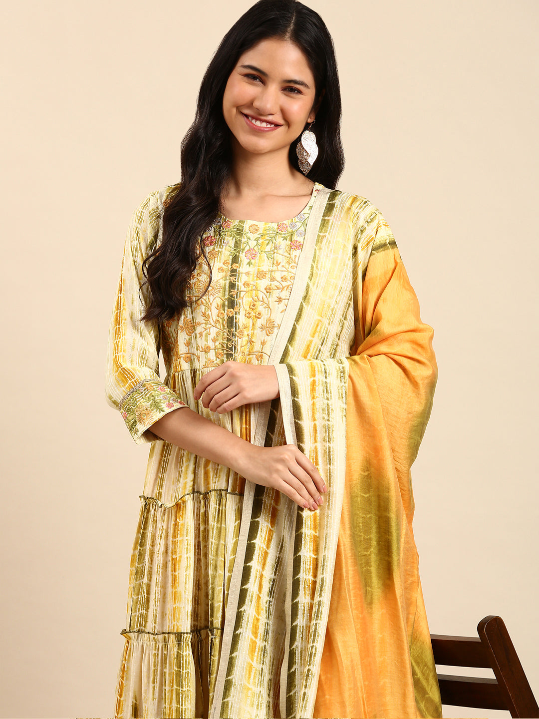 Women Striped Cream Anarkali Kurta Set with Dupatta