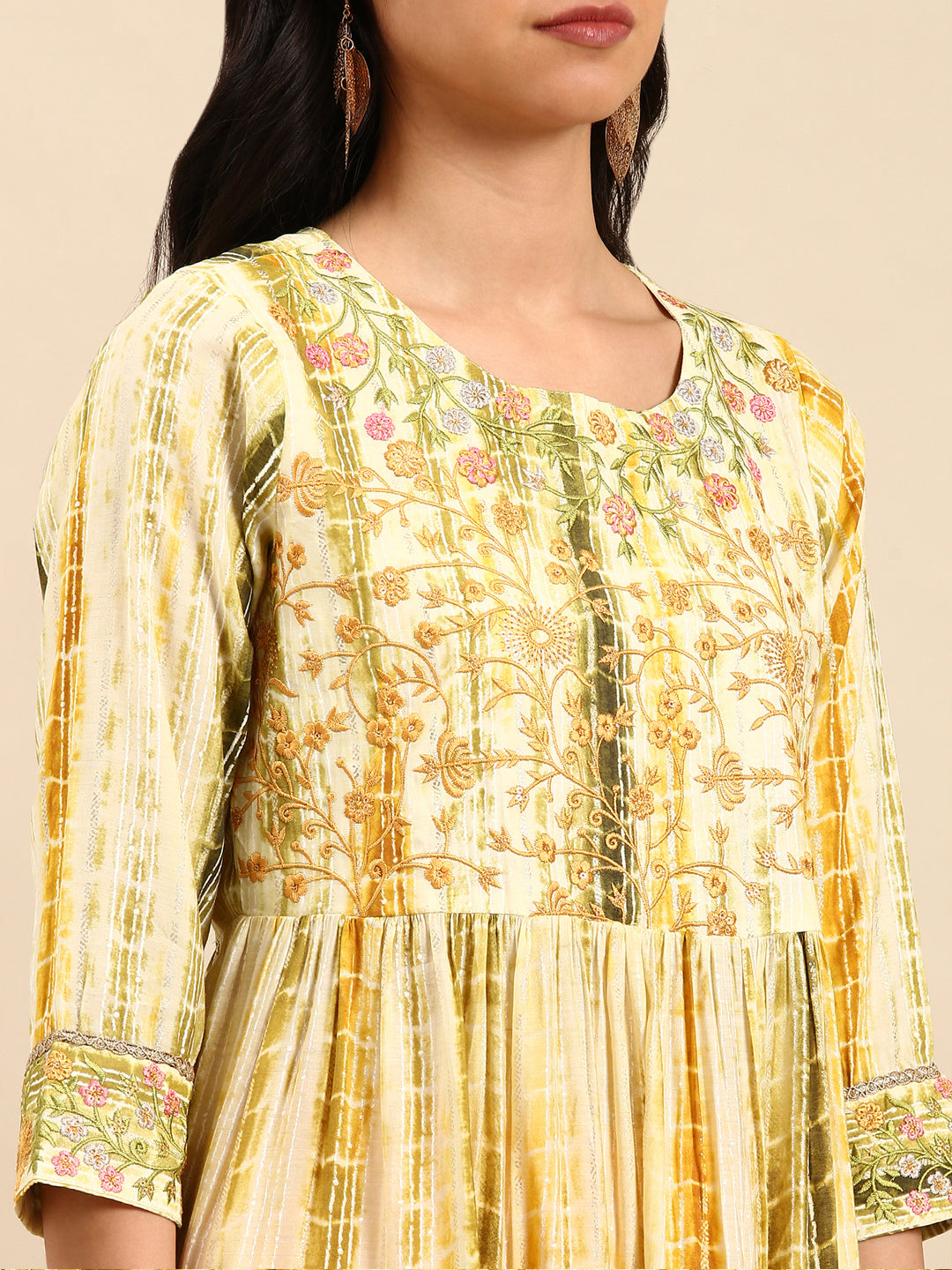 Women Striped Cream Anarkali Kurta Set with Dupatta