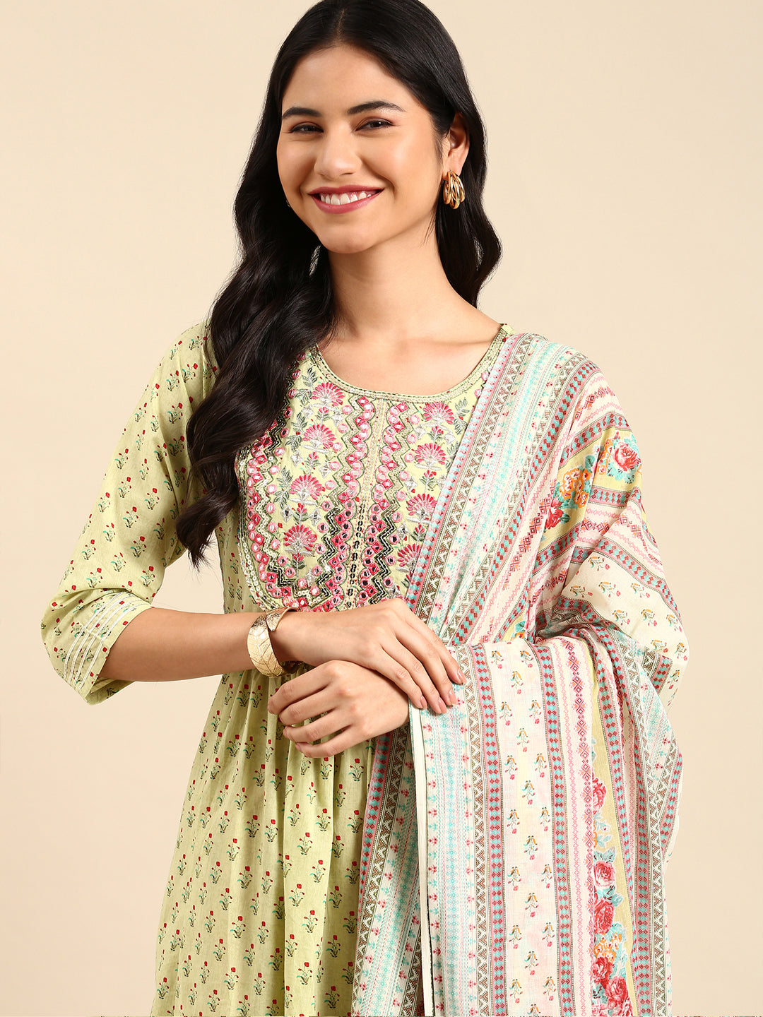 Women Floral Green Anarkali Kurta Set with Dupatta