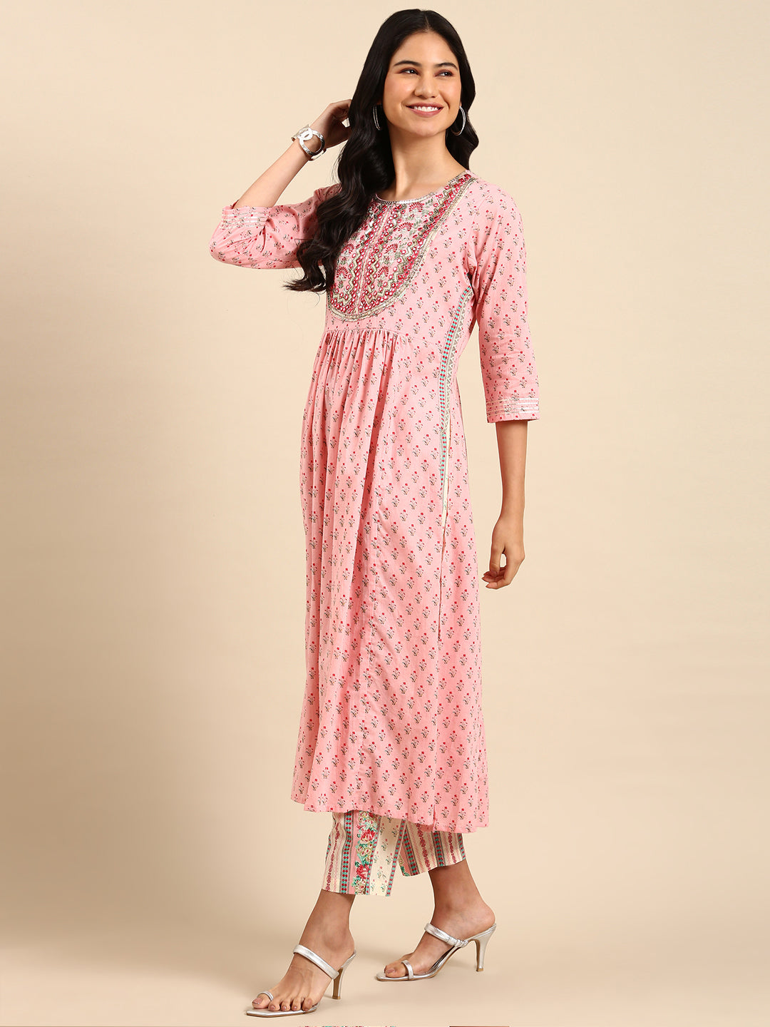 Women Floral Pink Anarkali Kurta Set with Dupatta