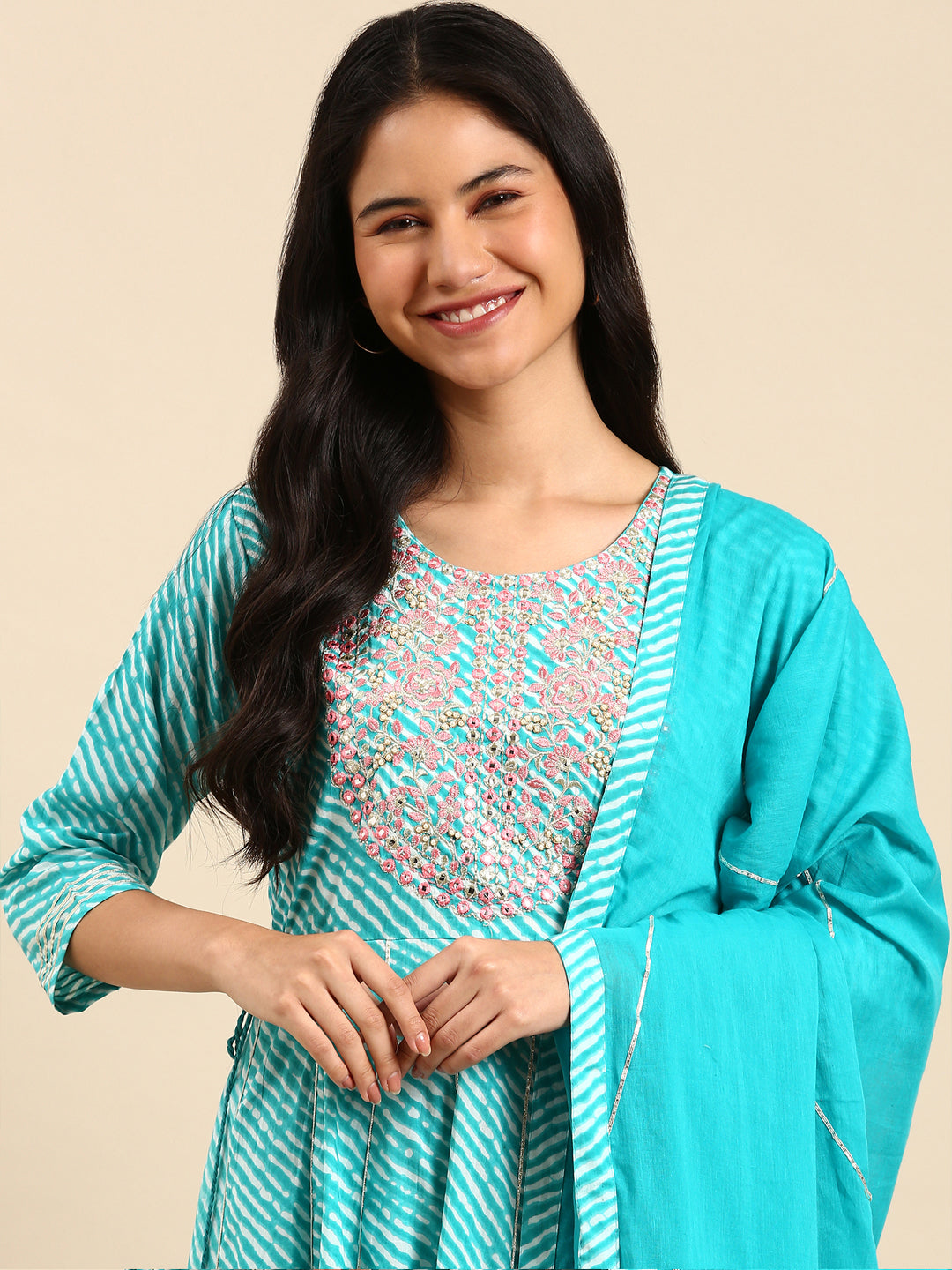 Women Leheriya Blue Anarkali Kurta Set with Dupatta