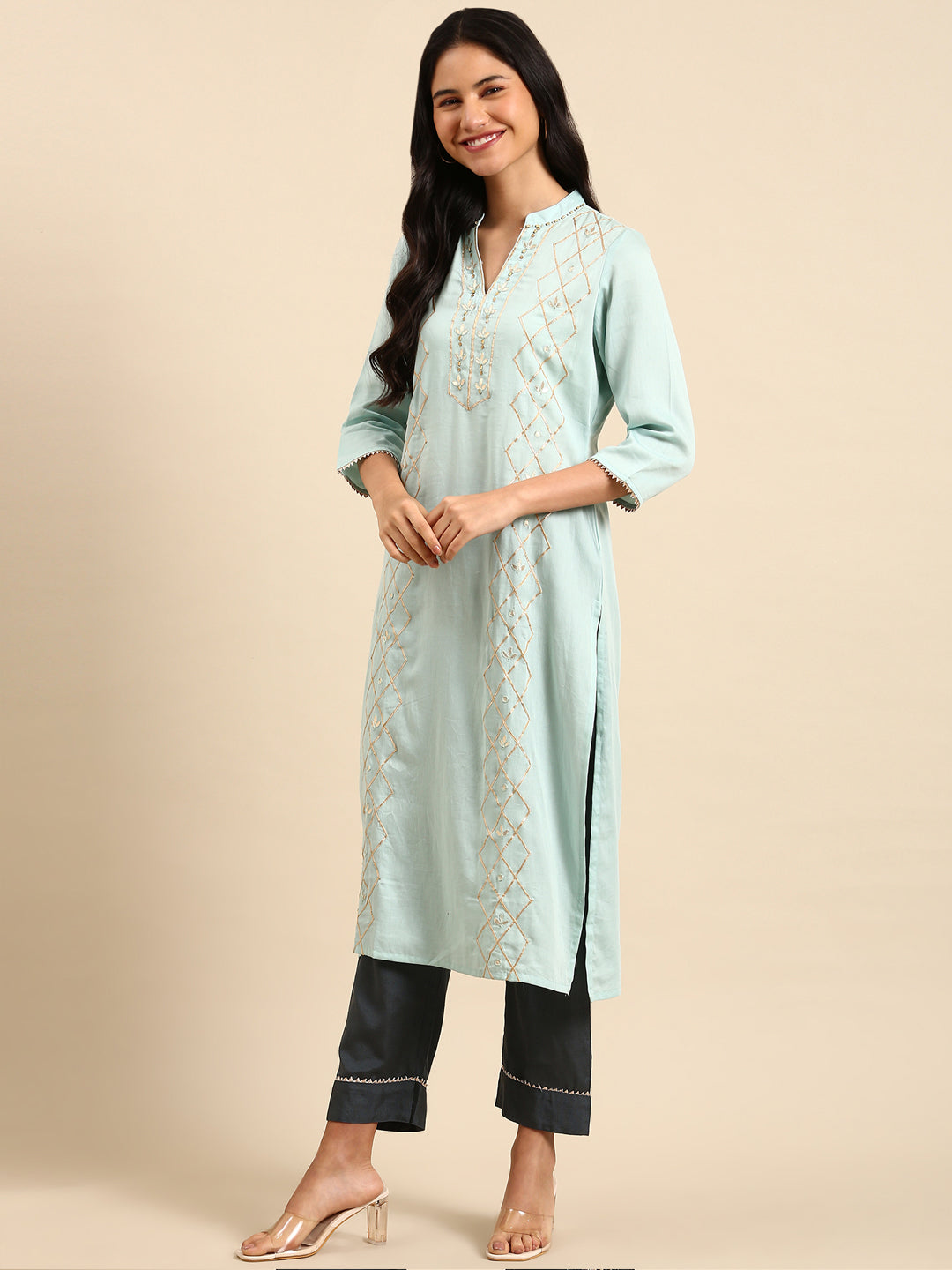 Women Solid Blue Straight Kurta Set with Dupatta