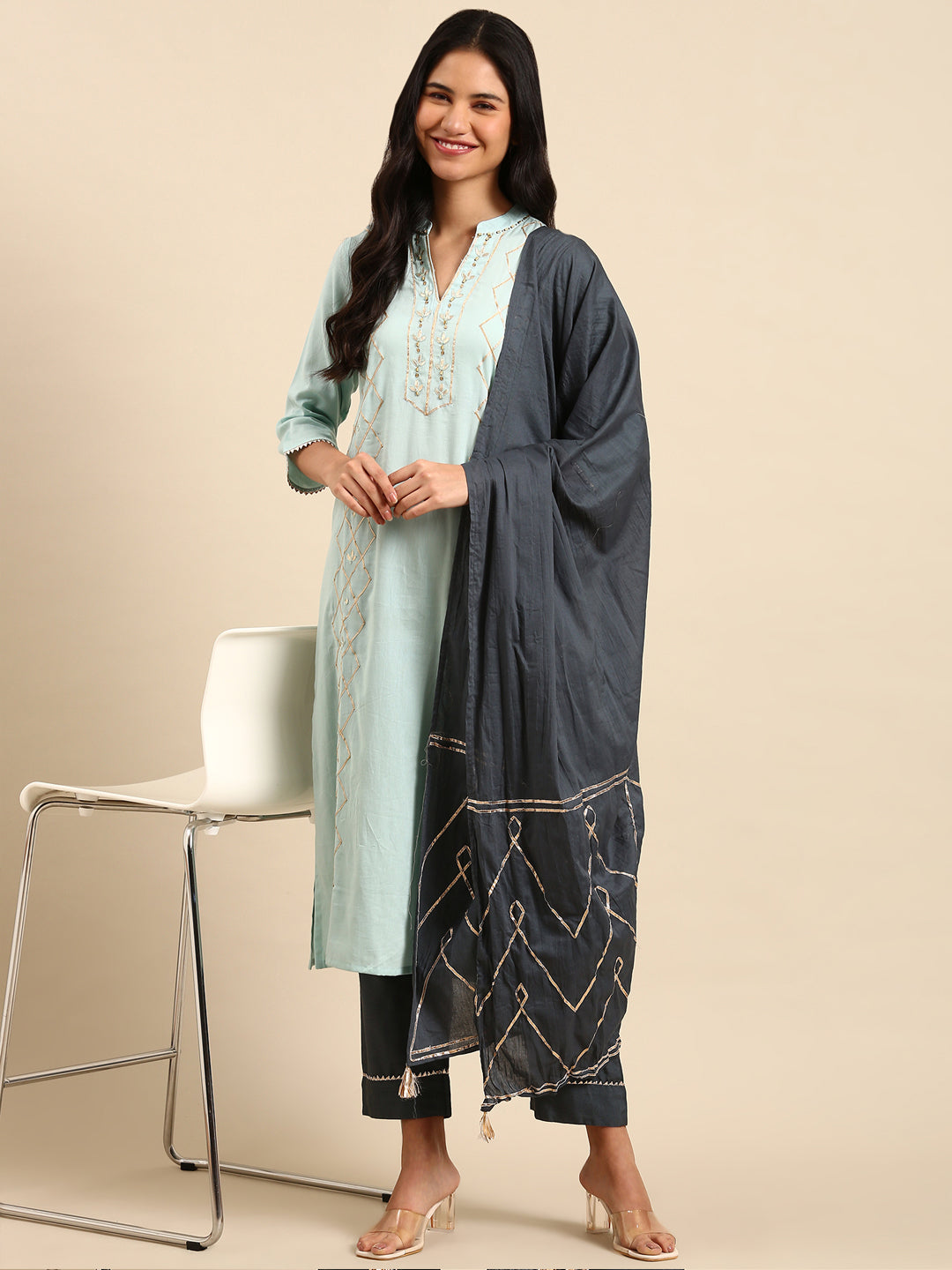 Women Solid Blue Straight Kurta Set with Dupatta