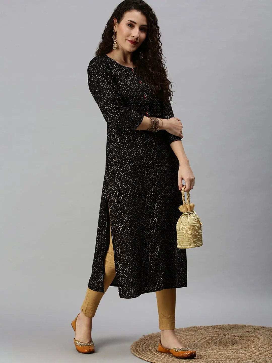Women's Printed Black Straight Kurta