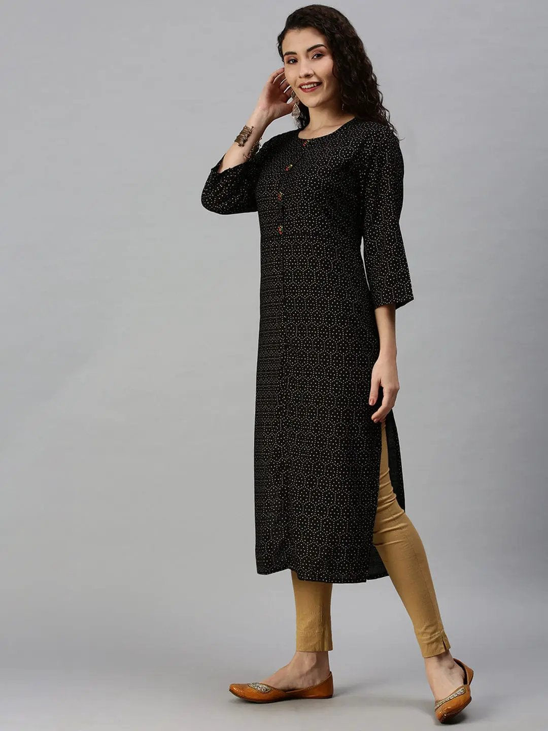Women's Printed Black Straight Kurta