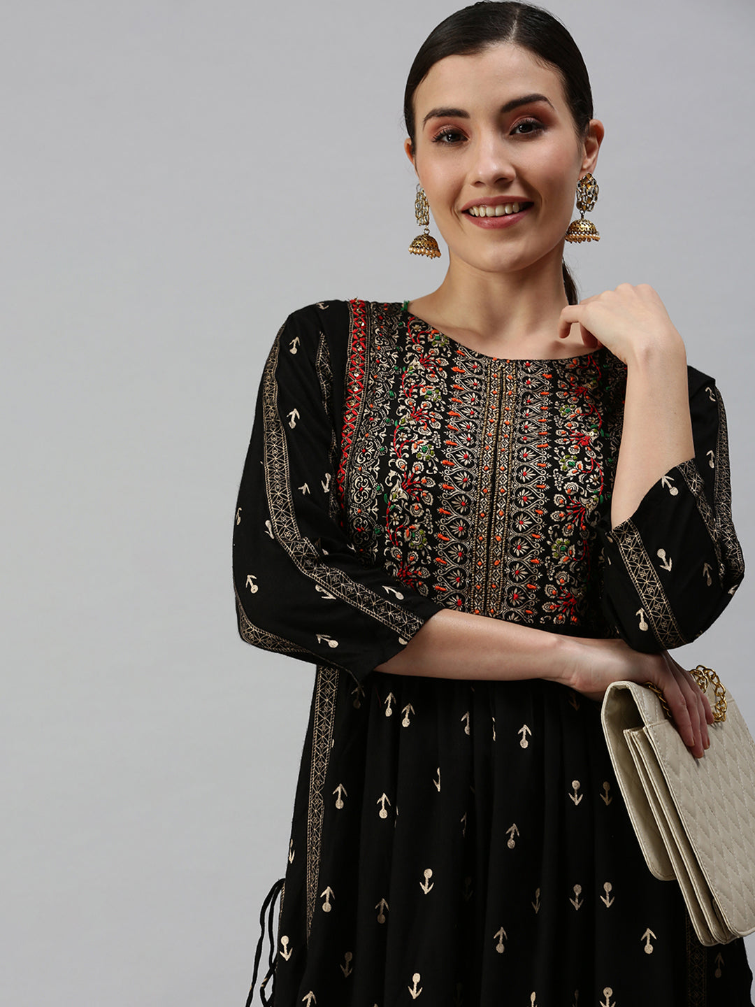 Women Printed Black Straight Kurta