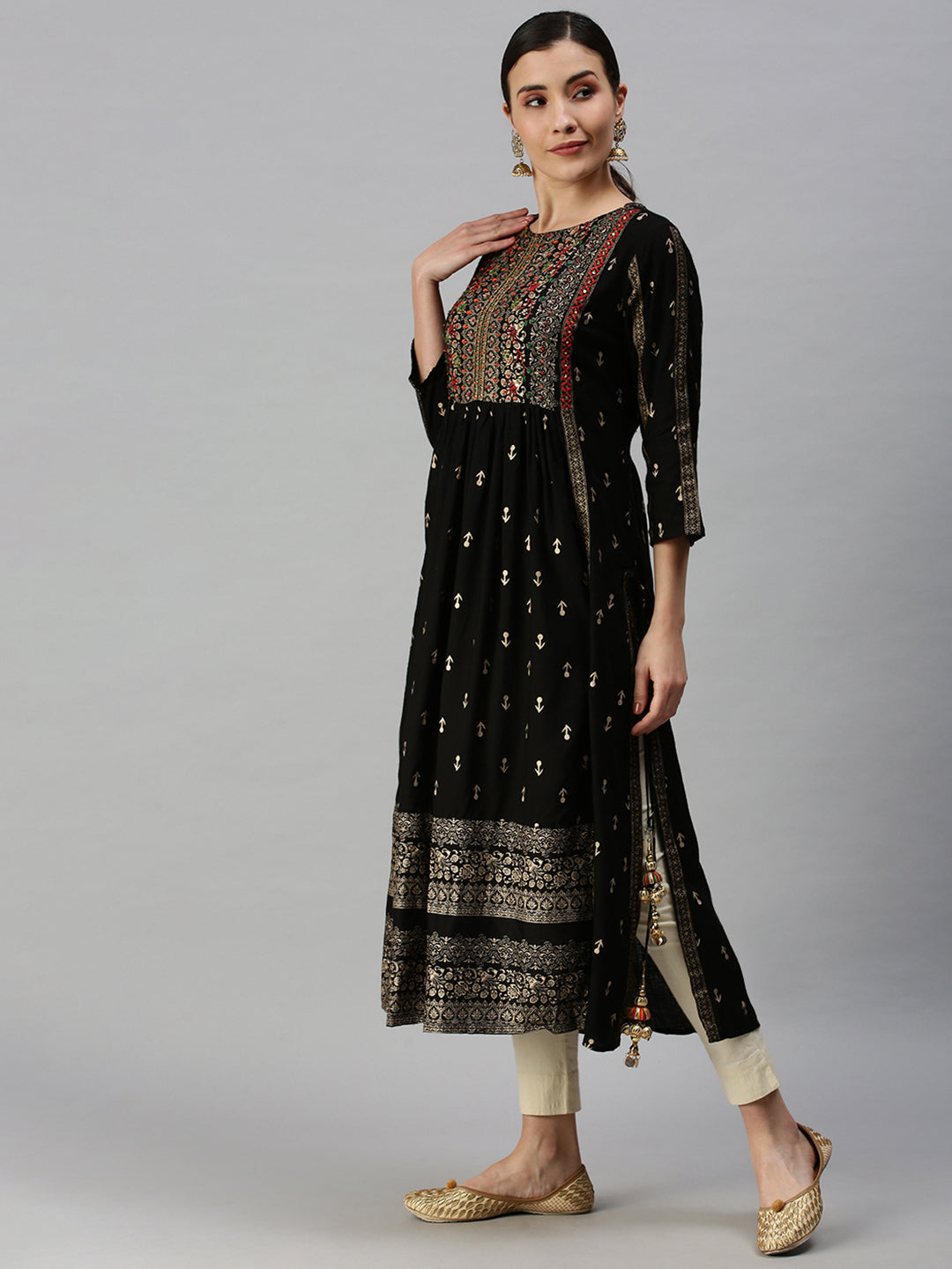 Women Printed Black Straight Kurta