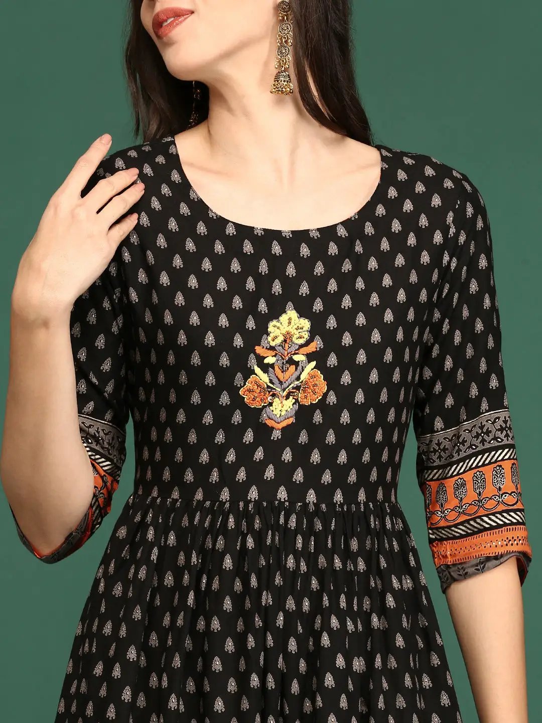Women's Floral Embroidery Black A-Line Kurta - Uncategorized from SHOWOFFFF