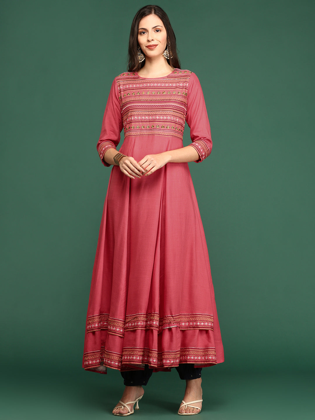 Women Yoke Design Pink Anarkali Kurta