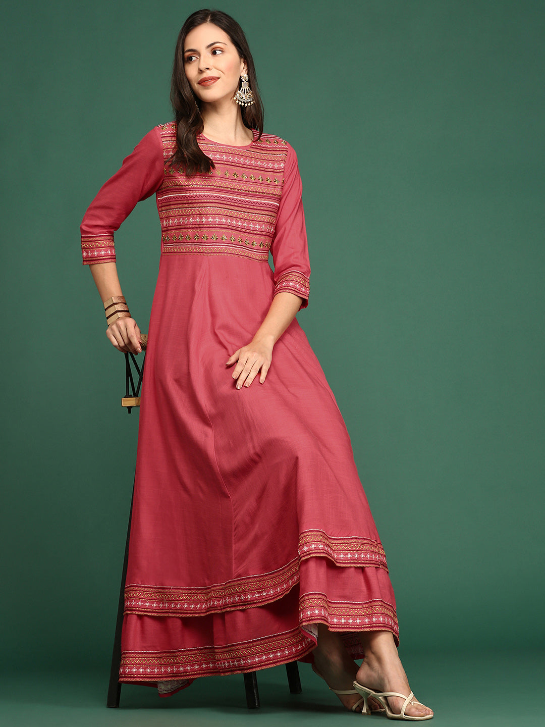 Women Yoke Design Pink Anarkali Kurta