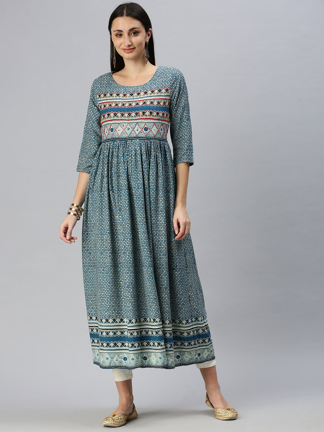 Women Printed Blue Anarkali Kurta