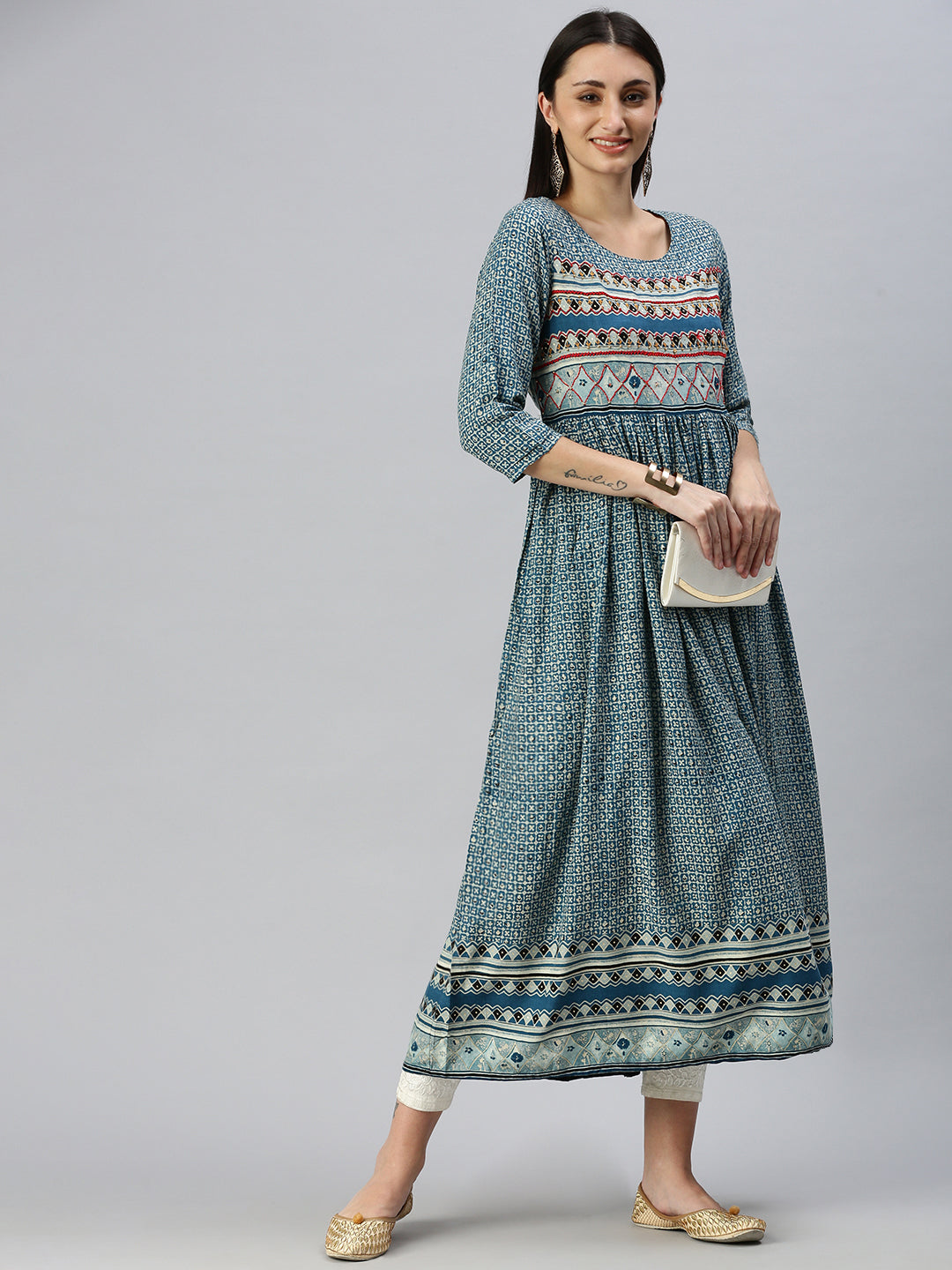 Women Printed Blue Anarkali Kurta