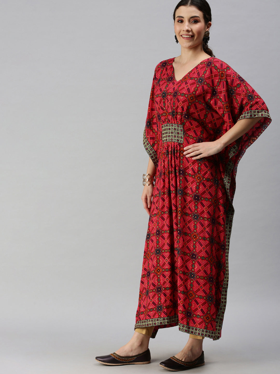 Women V-Neck Printed Pink Kaftan Kurta