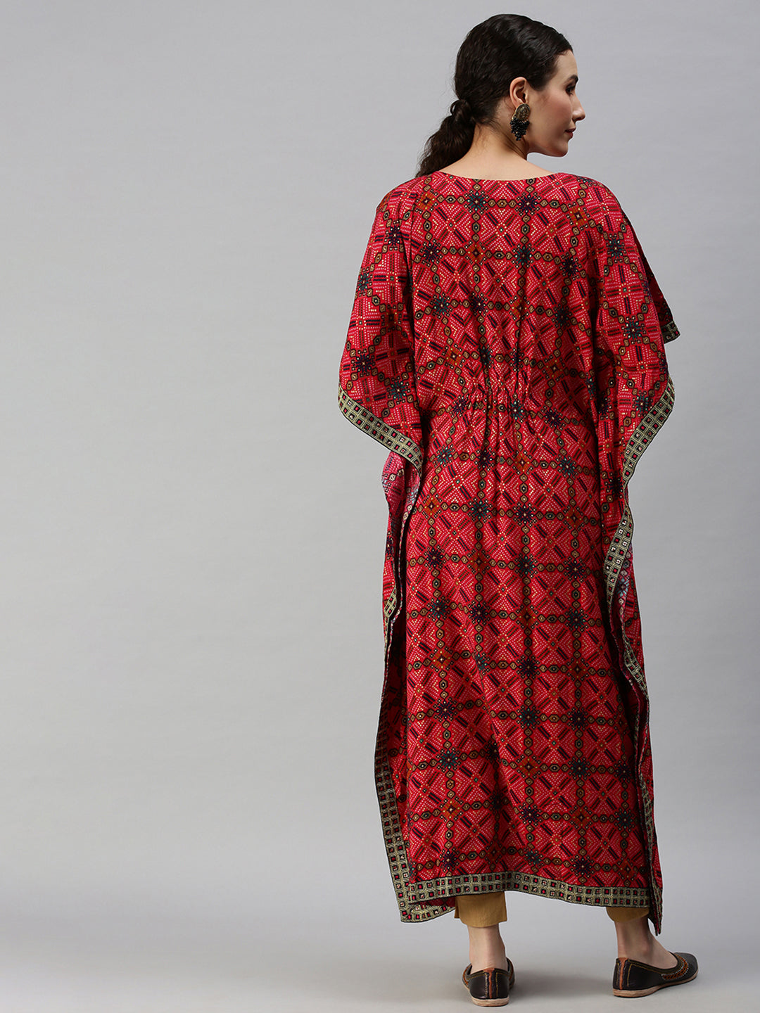 Women V-Neck Printed Pink Kaftan Kurta