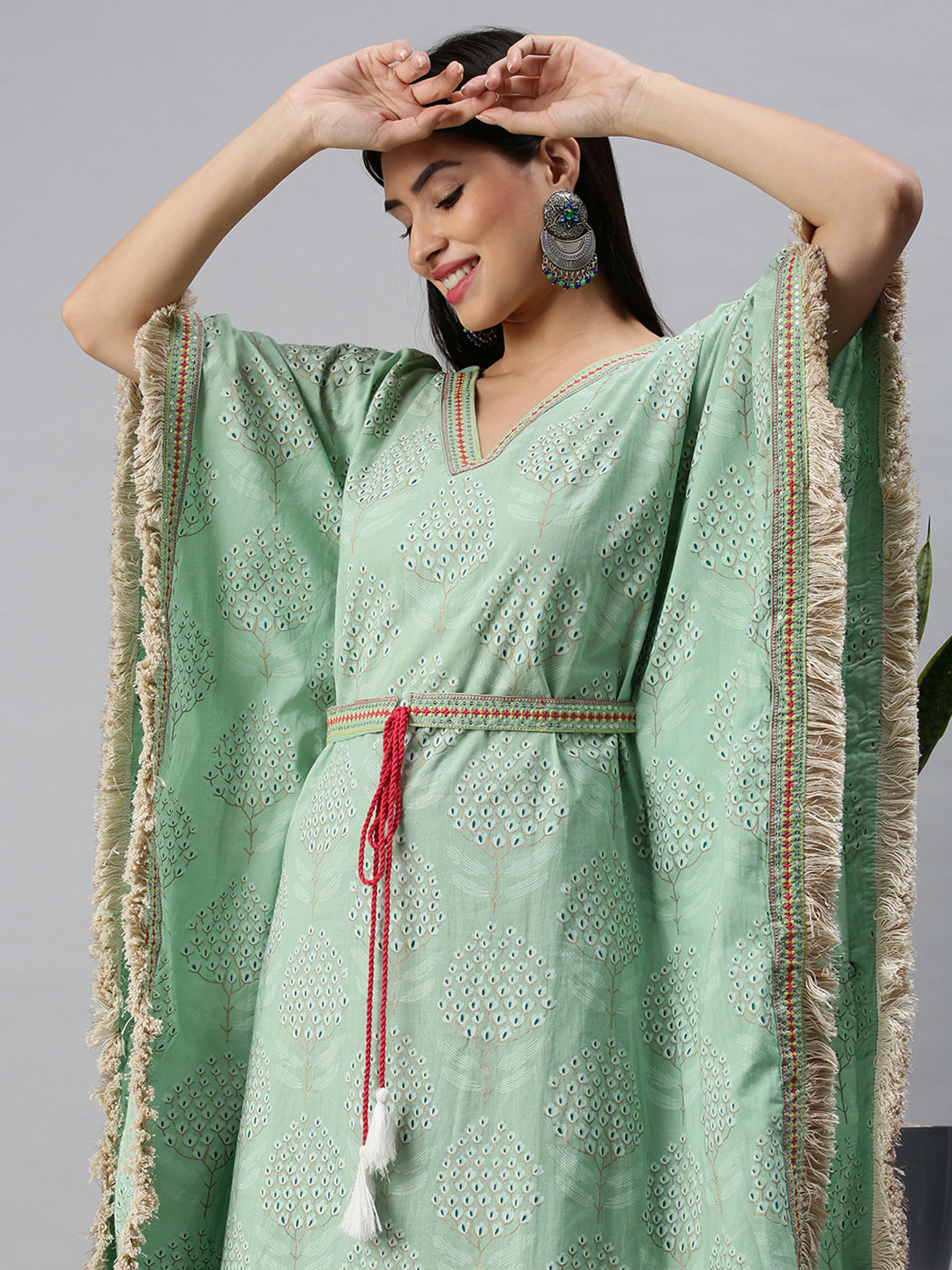 Women Kaftan Green Printed Kurta and Trousers