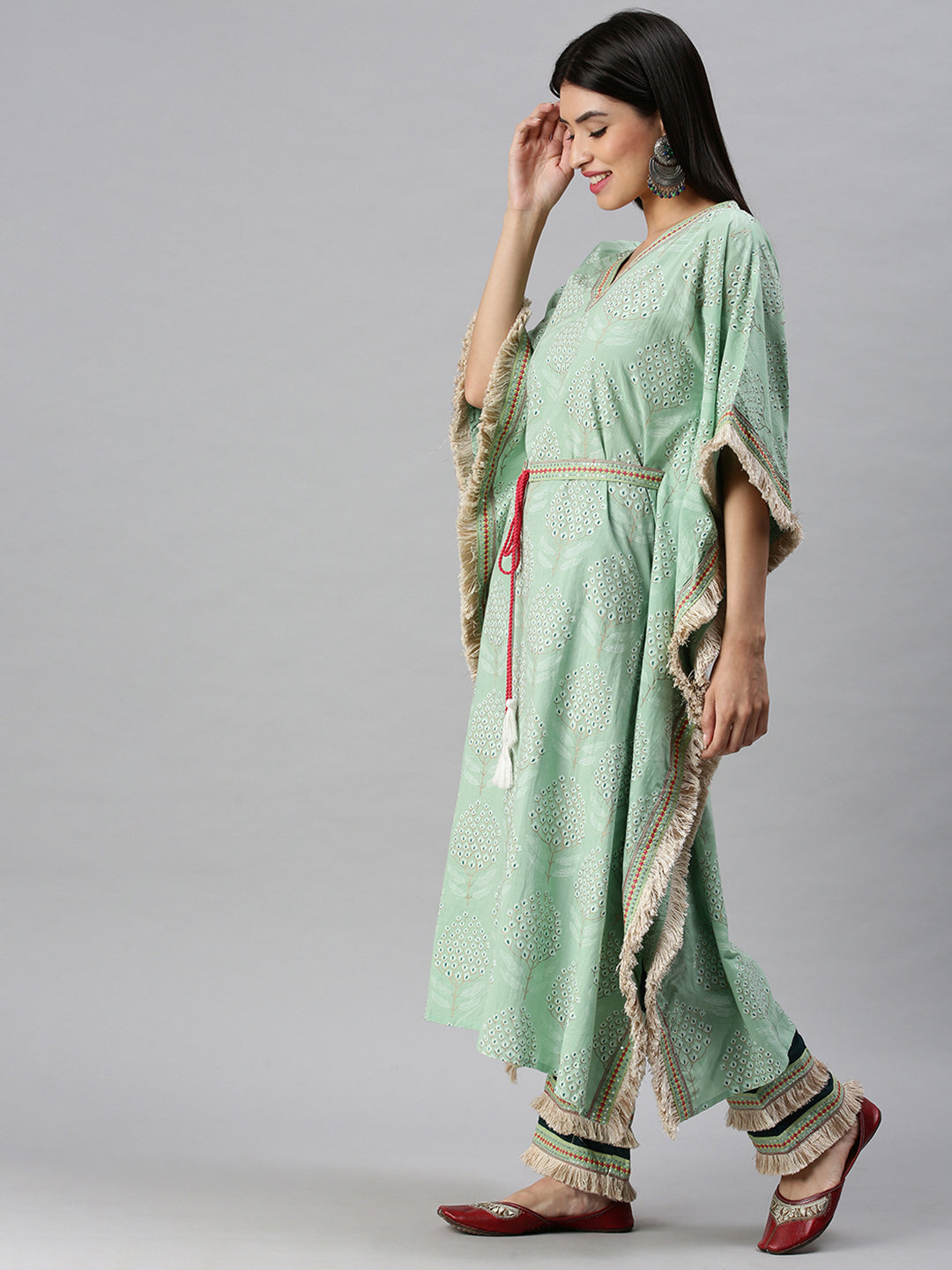 Women Kaftan Green Printed Kurta and Trousers