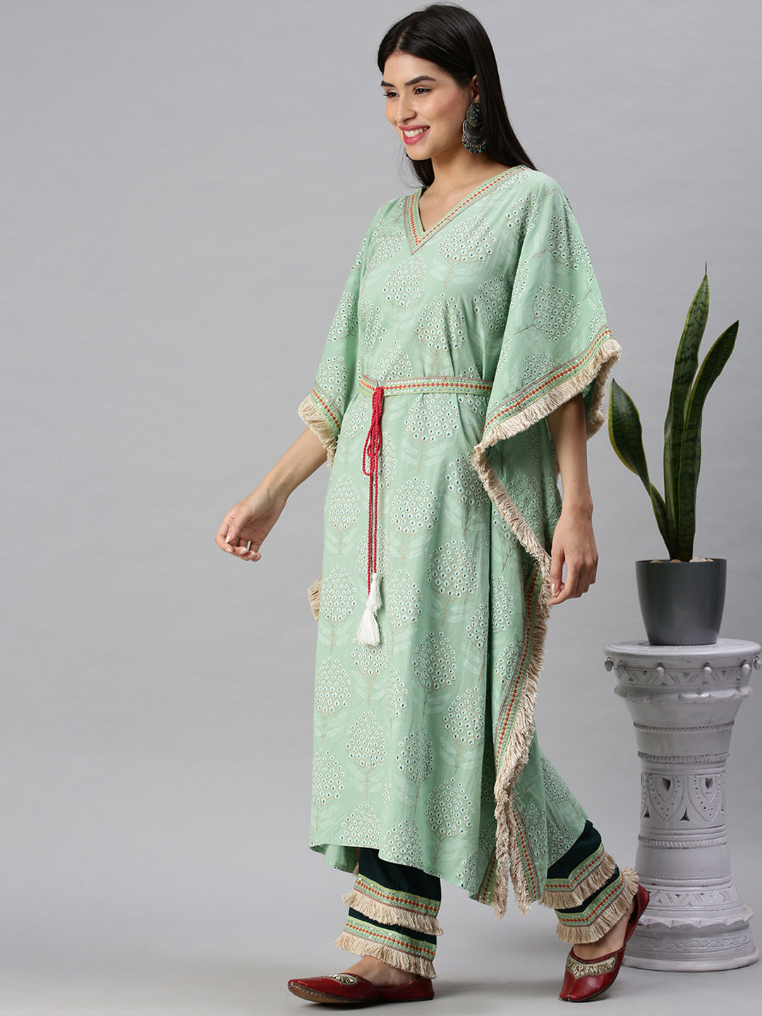 Women Kaftan Green Printed Kurta and Trousers