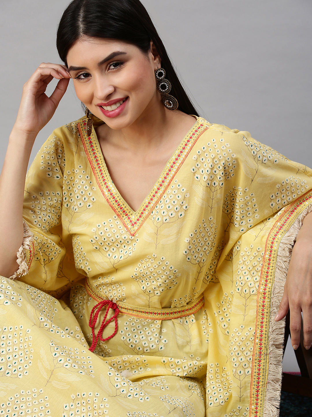 Women Kaftan Yellow Printed Kurta and Trousers